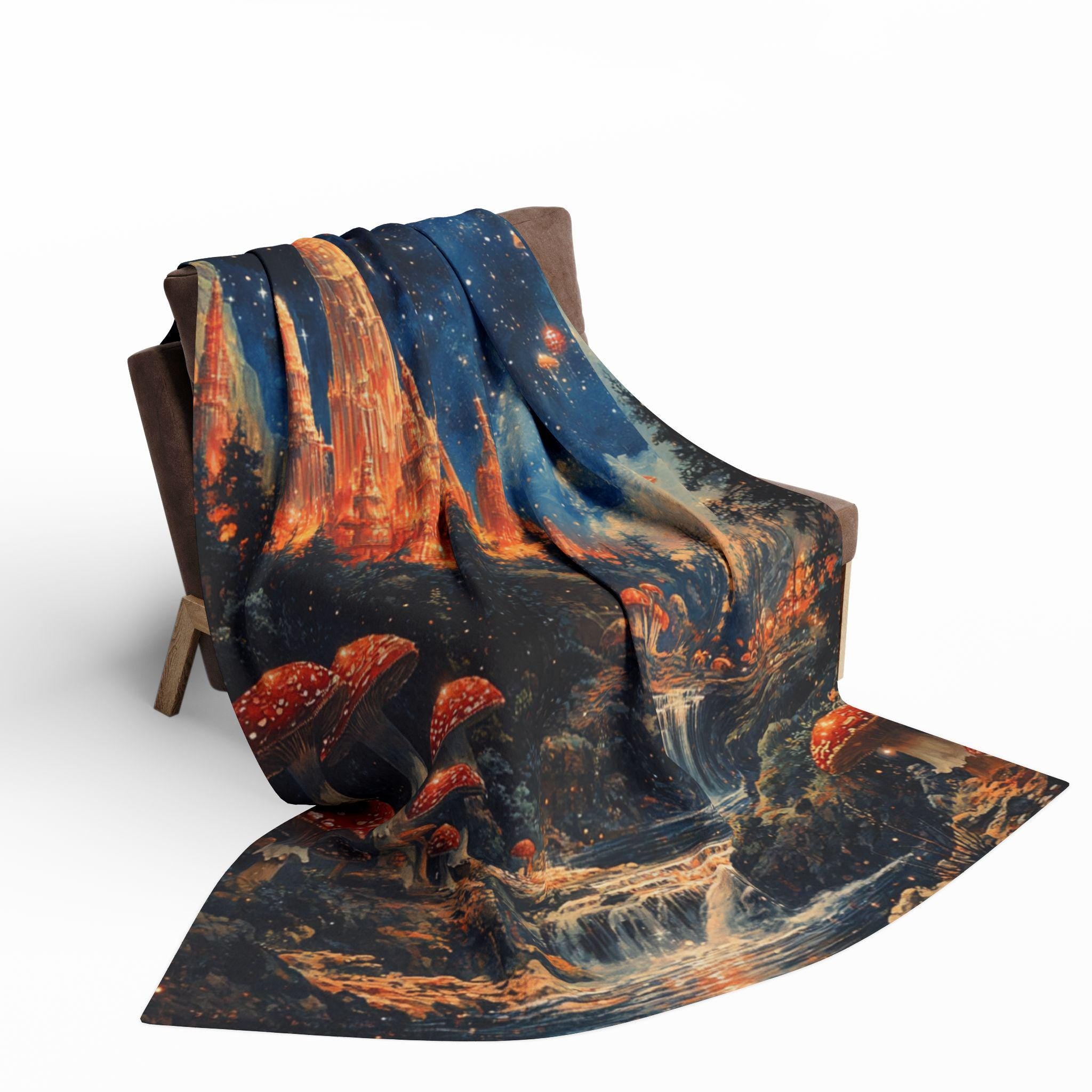 Parody Enchanted Mushroom Landscape Fleece Throw: Cozy Boho Decor for Nature Lovers & Stargazers