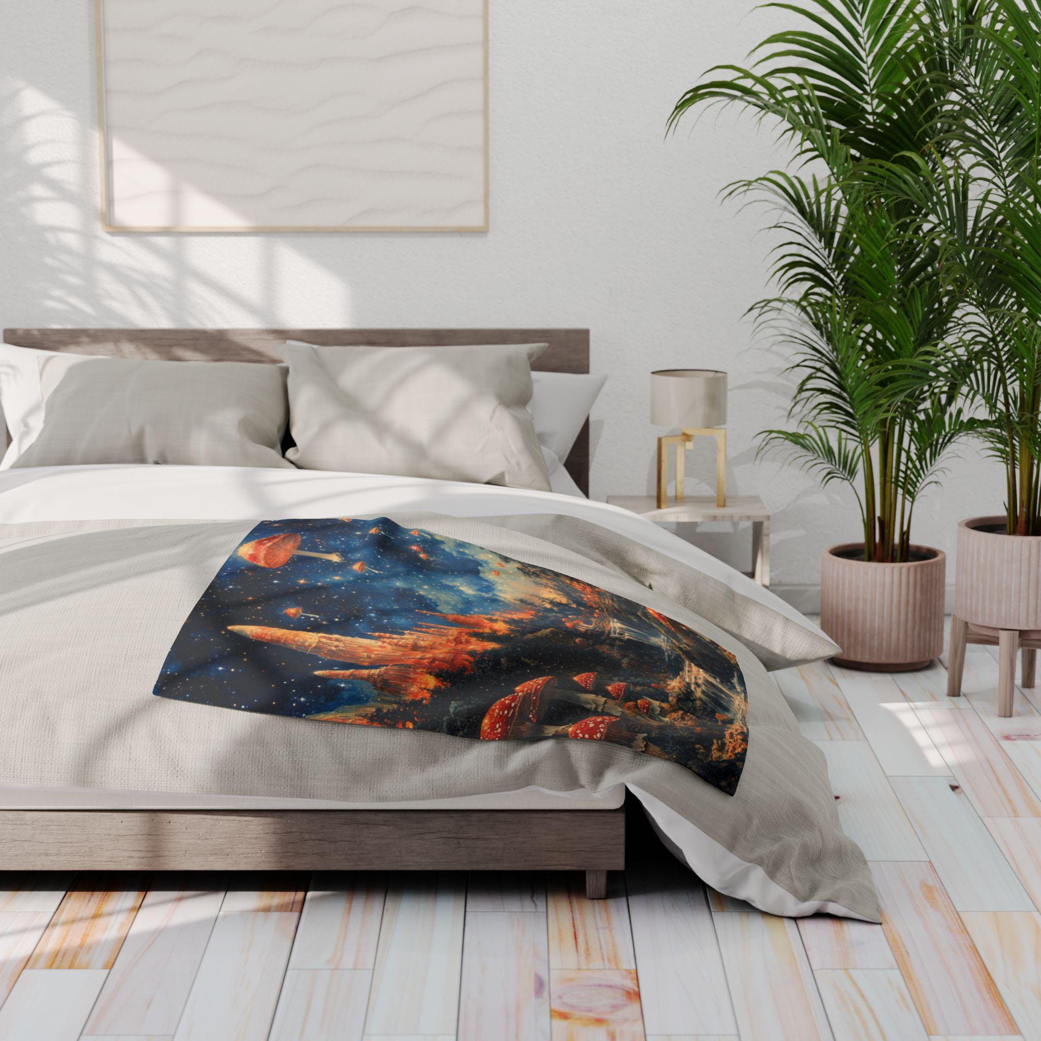 Parody Enchanted Mushroom Landscape Fleece Throw: Cozy Boho Decor for Nature Lovers & Stargazers