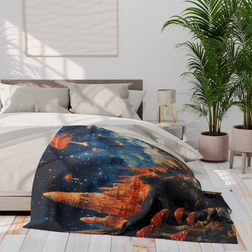 Parody Enchanted Mushroom Landscape Fleece Throw: Cozy Boho Decor for Nature Lovers & Stargazers