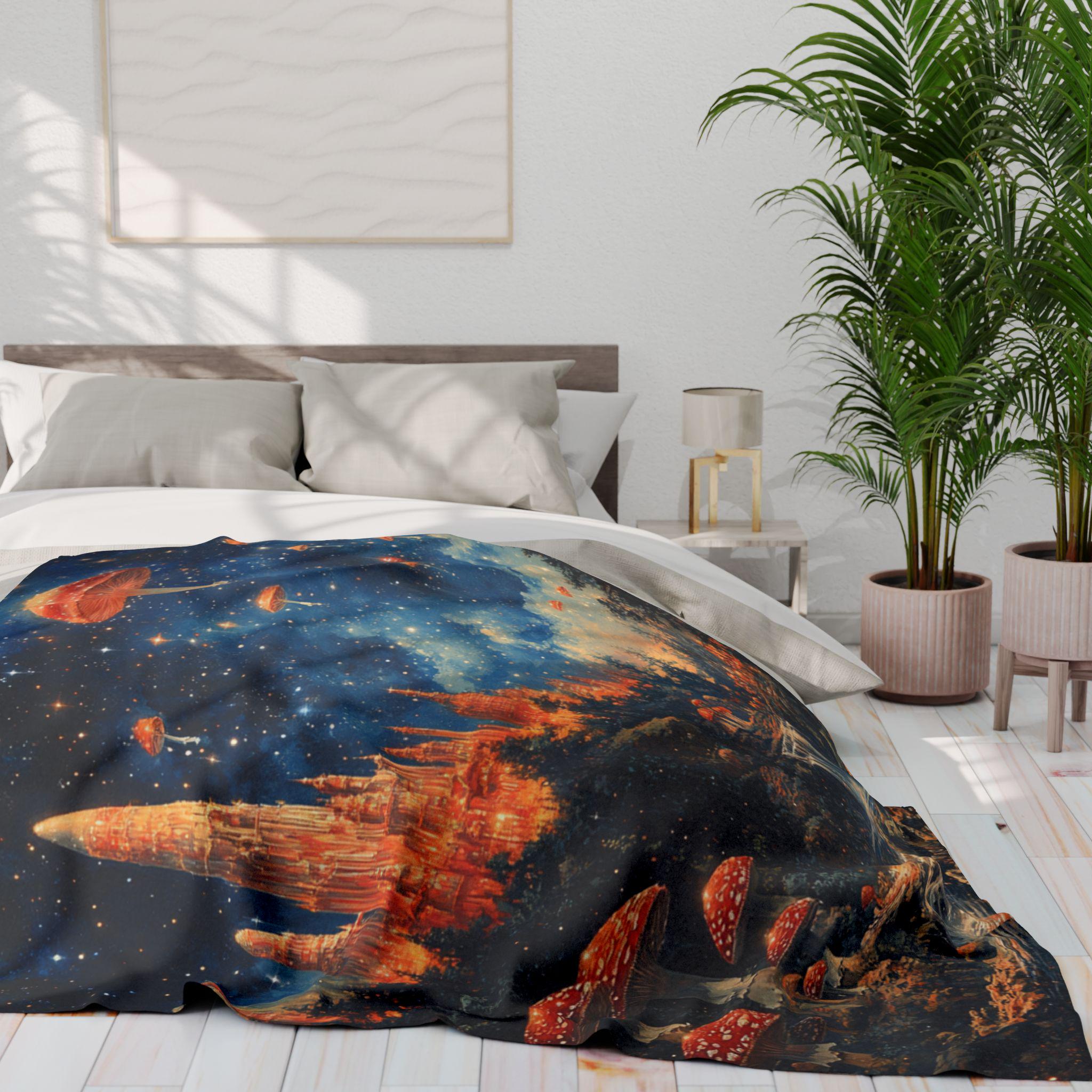 Parody Enchanted Mushroom Landscape Fleece Throw: Cozy Boho Decor for Nature Lovers & Stargazers