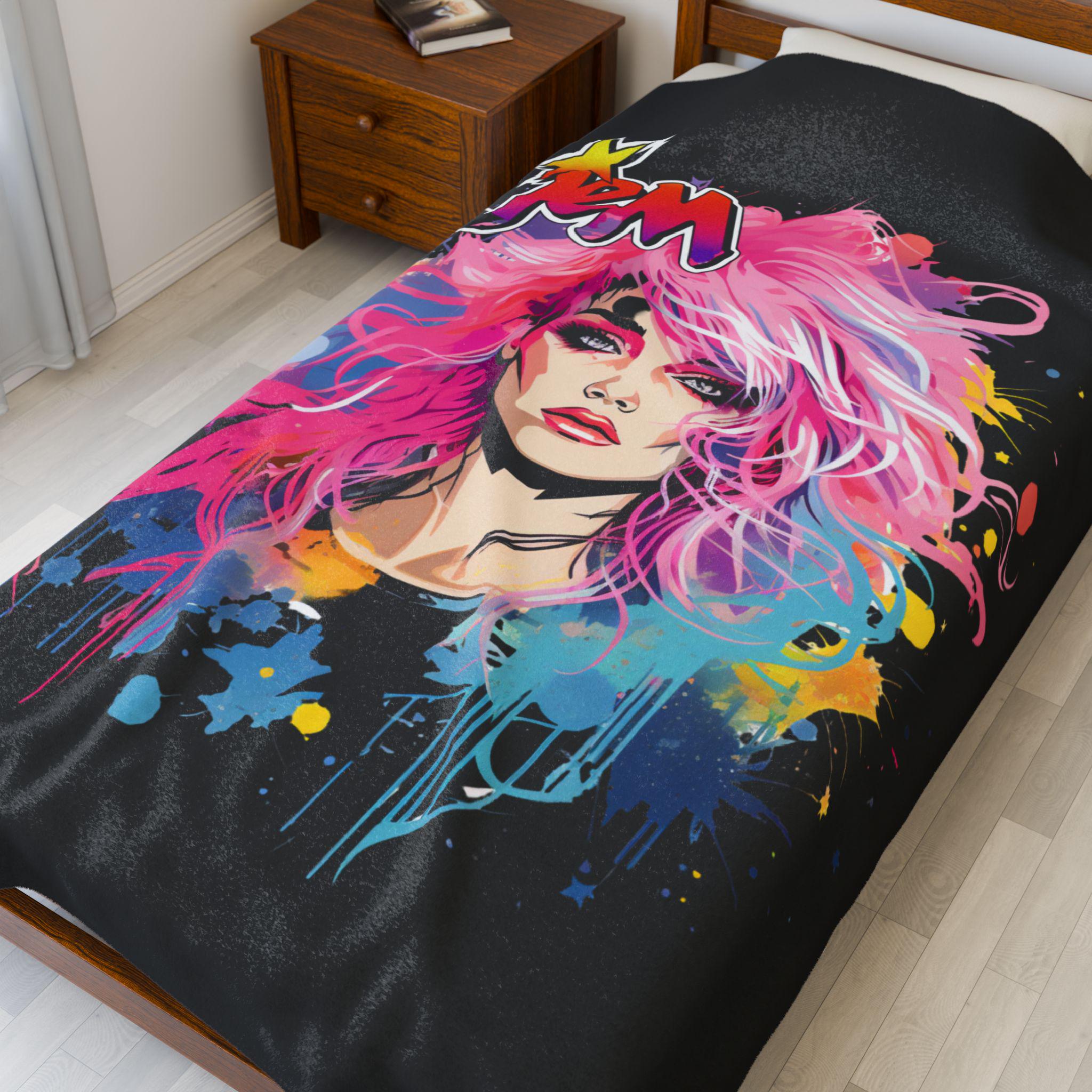 Jem Inspired Velveteen Plush Blanket: Colorful 80s Throw - Soft Cozy Home Decor Gift