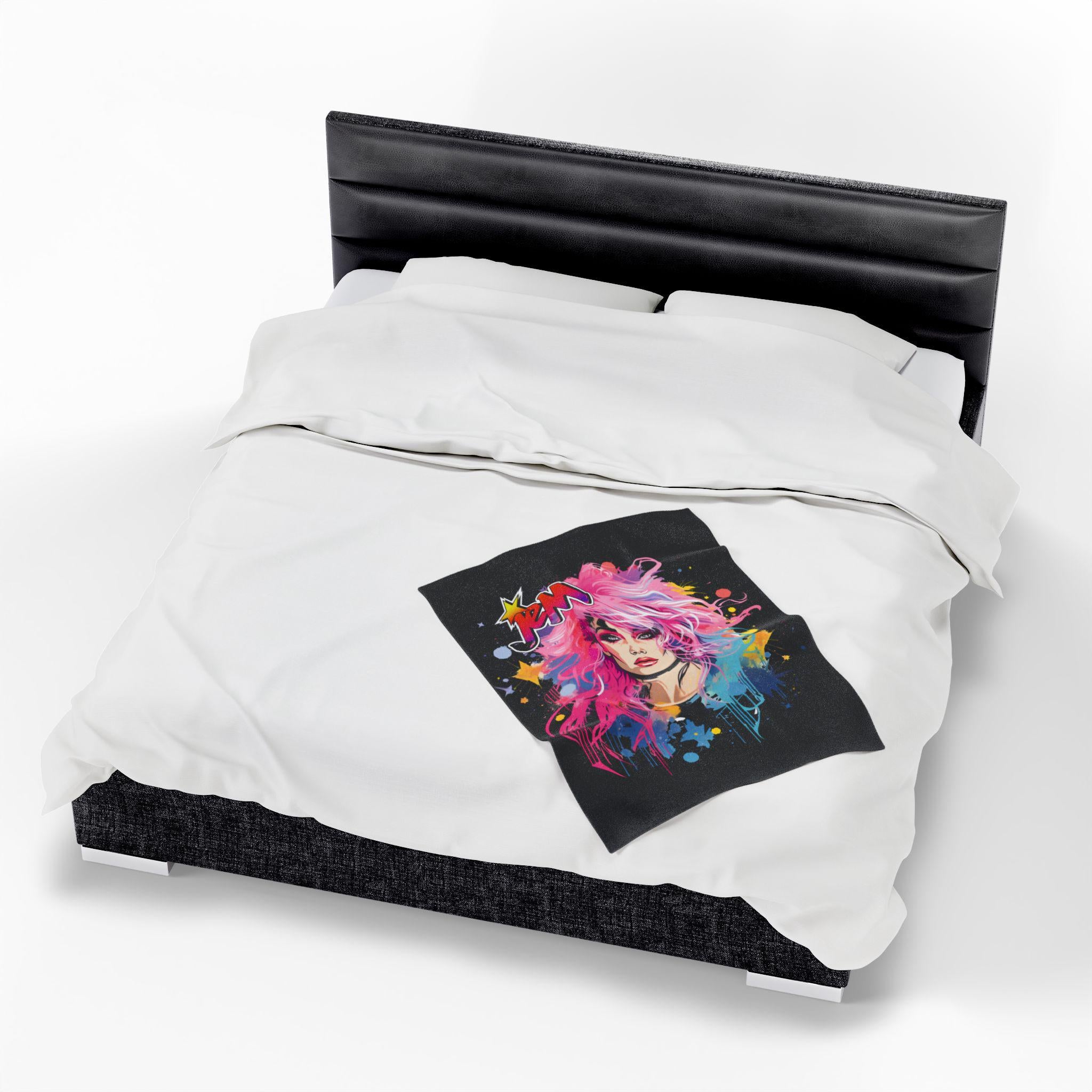 Jem Inspired Velveteen Plush Blanket: Colorful 80s Throw - Soft Cozy Home Decor Gift