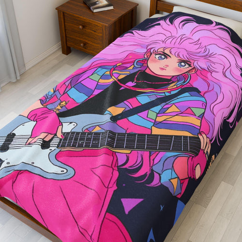 80s Anime Girl Velveteen Plush Blanket: Retro Music Decor
