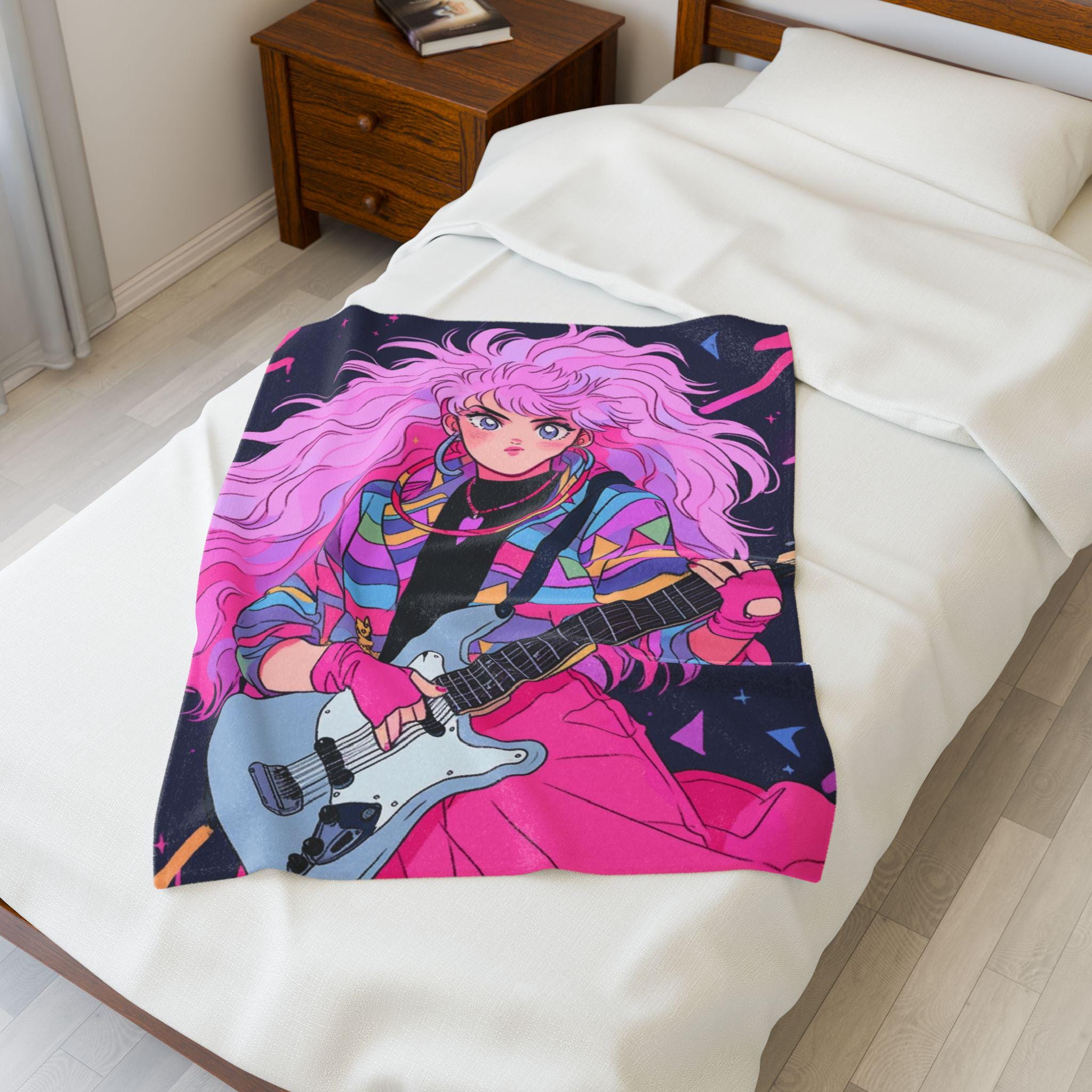 80s Anime Girl Velveteen Plush Blanket: Retro Music Decor
