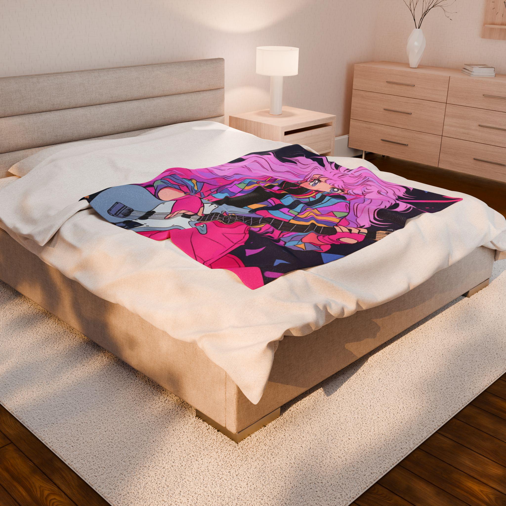 80s Anime Girl Velveteen Plush Blanket: Retro Music Decor