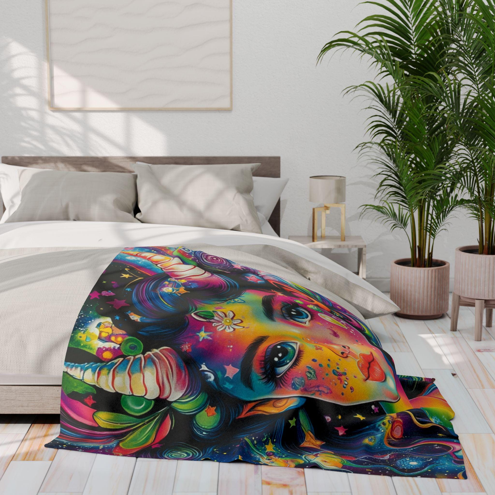 Vibrant Goddess Fleece Blanket: Magical Rainbow Art Throw