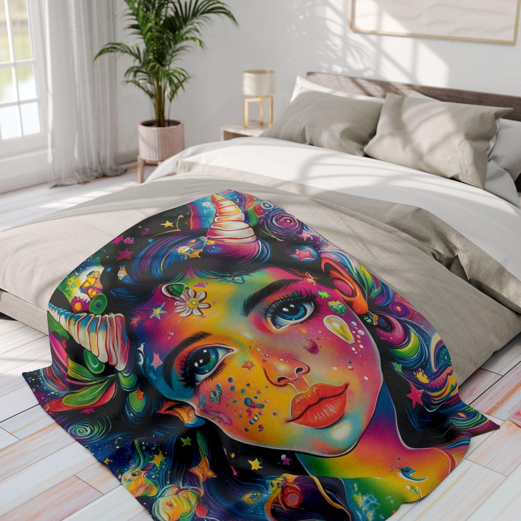 Vibrant Goddess Fleece Blanket: Magical Rainbow Art Throw