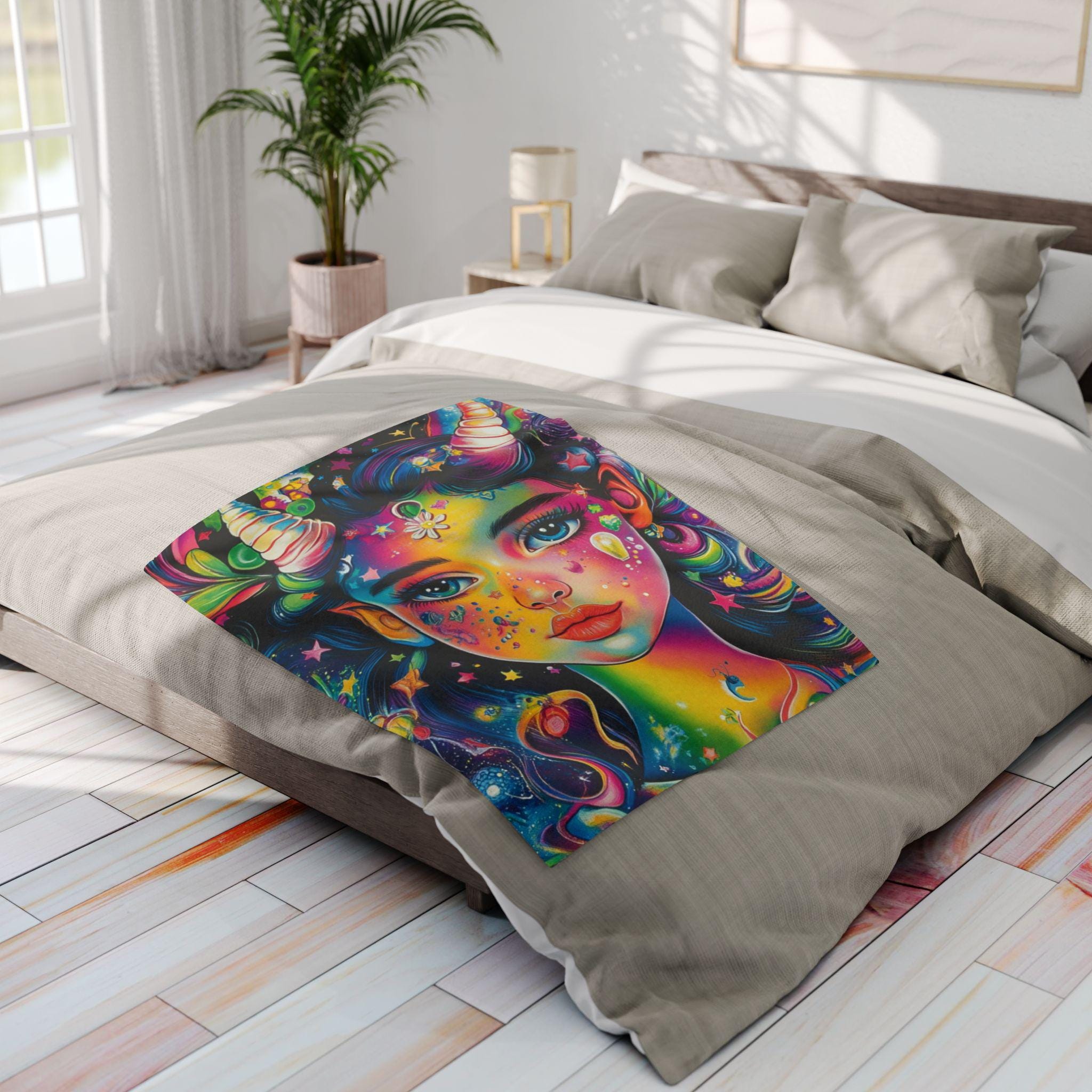 Vibrant Goddess Fleece Blanket: Magical Rainbow Art Throw