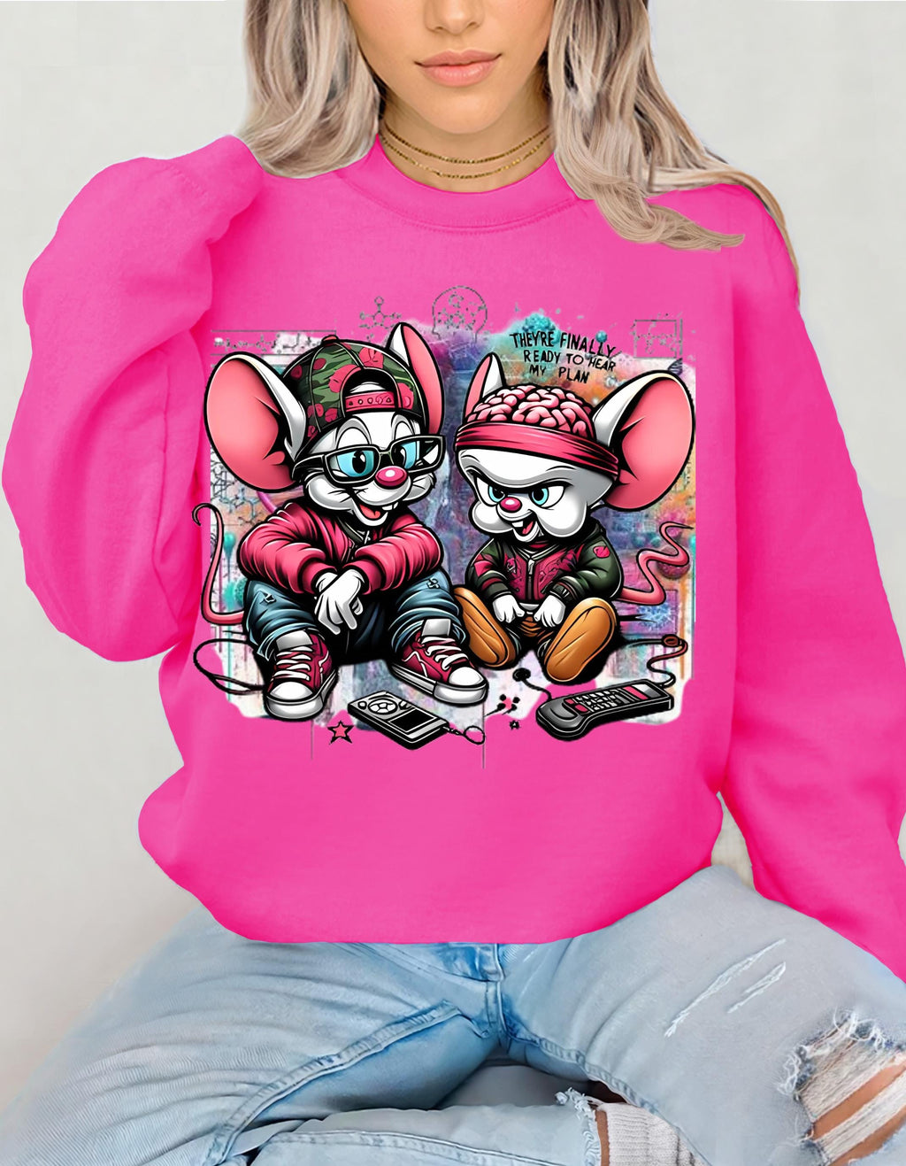 Parody Quirky Cartoon Mice Crewneck: Cozy Streetwear Sweatshirt for Teens & Adults, Fun Winter Gift
