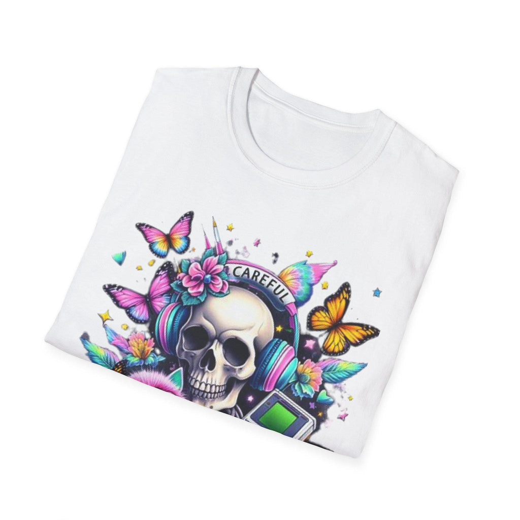 Parody 90s Retro Skull Butterfly T-Shirt: Vintage Festival Tee, Unisex Softstyle, Nostalgic Gift