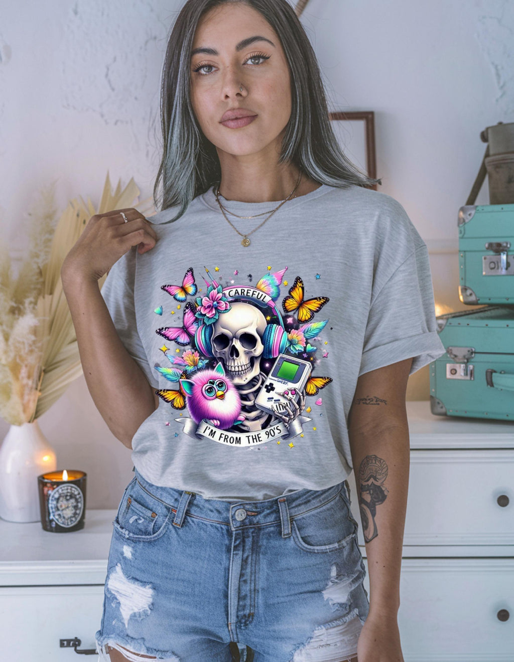 Parody 90s Retro Skull Butterfly T-Shirt: Vintage Festival Tee, Unisex Softstyle, Nostalgic Gift