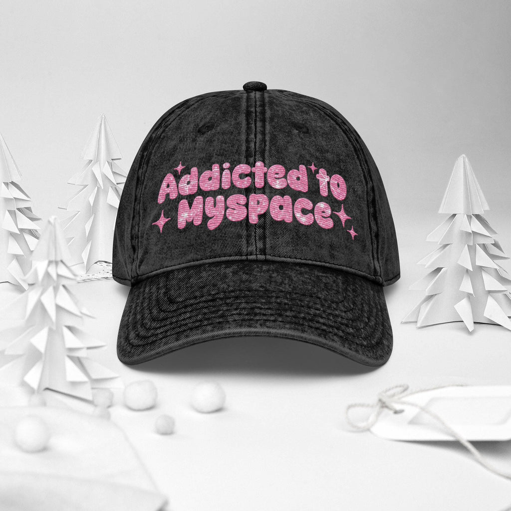 Addicted to Myspace Y2K Embroidered Vintage Cotton Twill Hat – 2000s Internet Aesthetic, Retro Social Media Throwback Hat Design