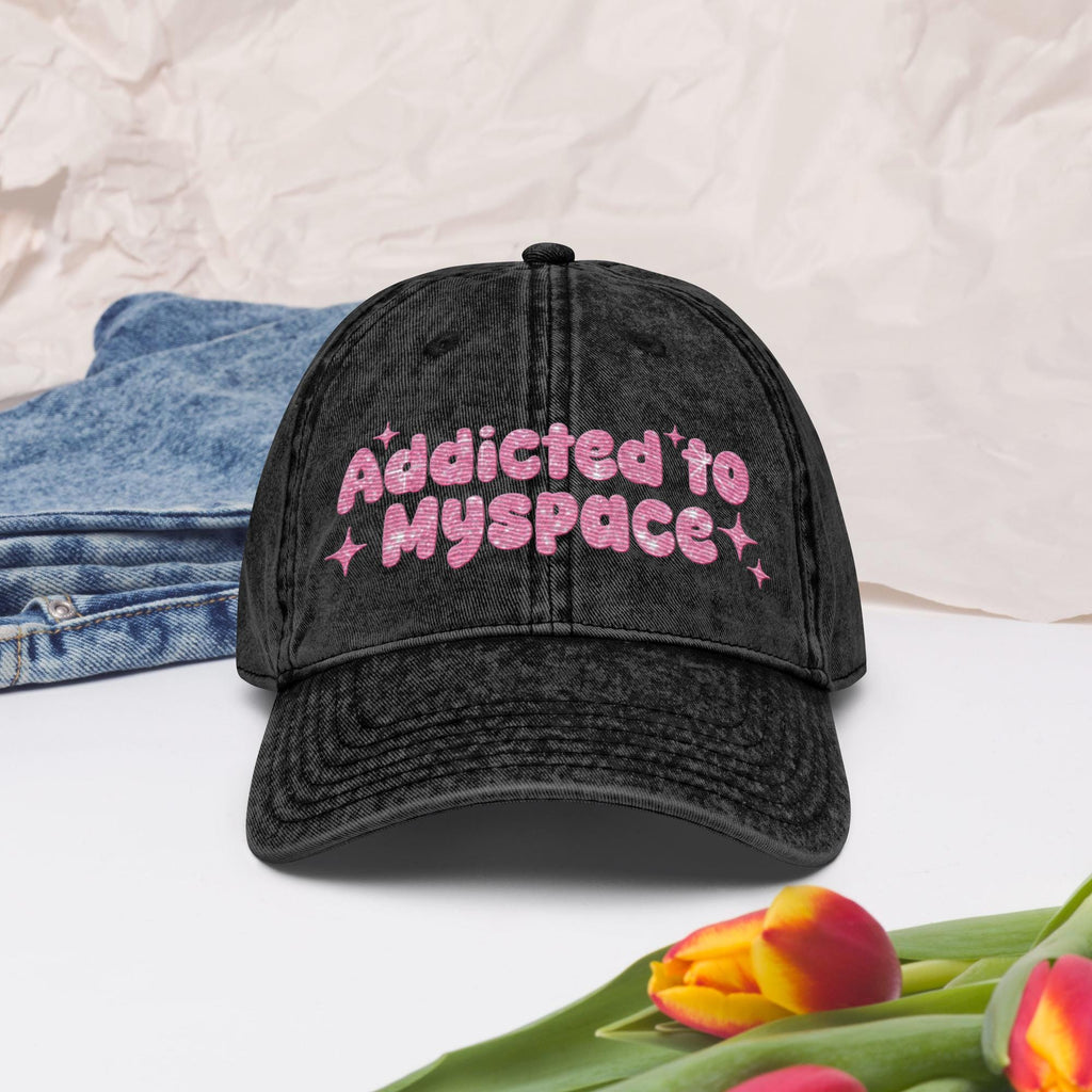 Addicted to Myspace Y2K Embroidered Vintage Cotton Twill Hat – 2000s Internet Aesthetic, Retro Social Media Throwback Hat Design