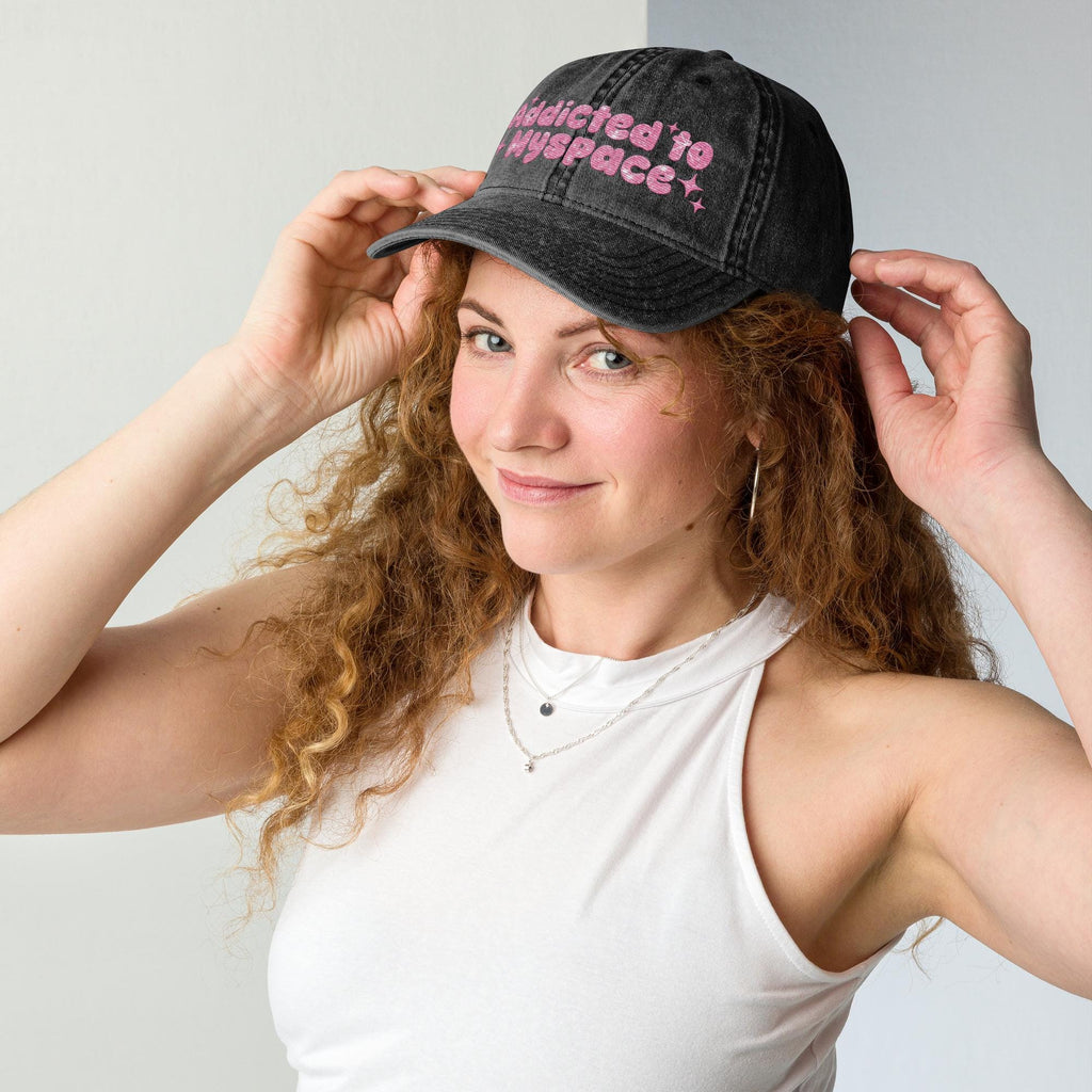 Addicted to Myspace Y2K Embroidered Vintage Cotton Twill Hat – 2000s Internet Aesthetic, Retro Social Media Throwback Hat Design