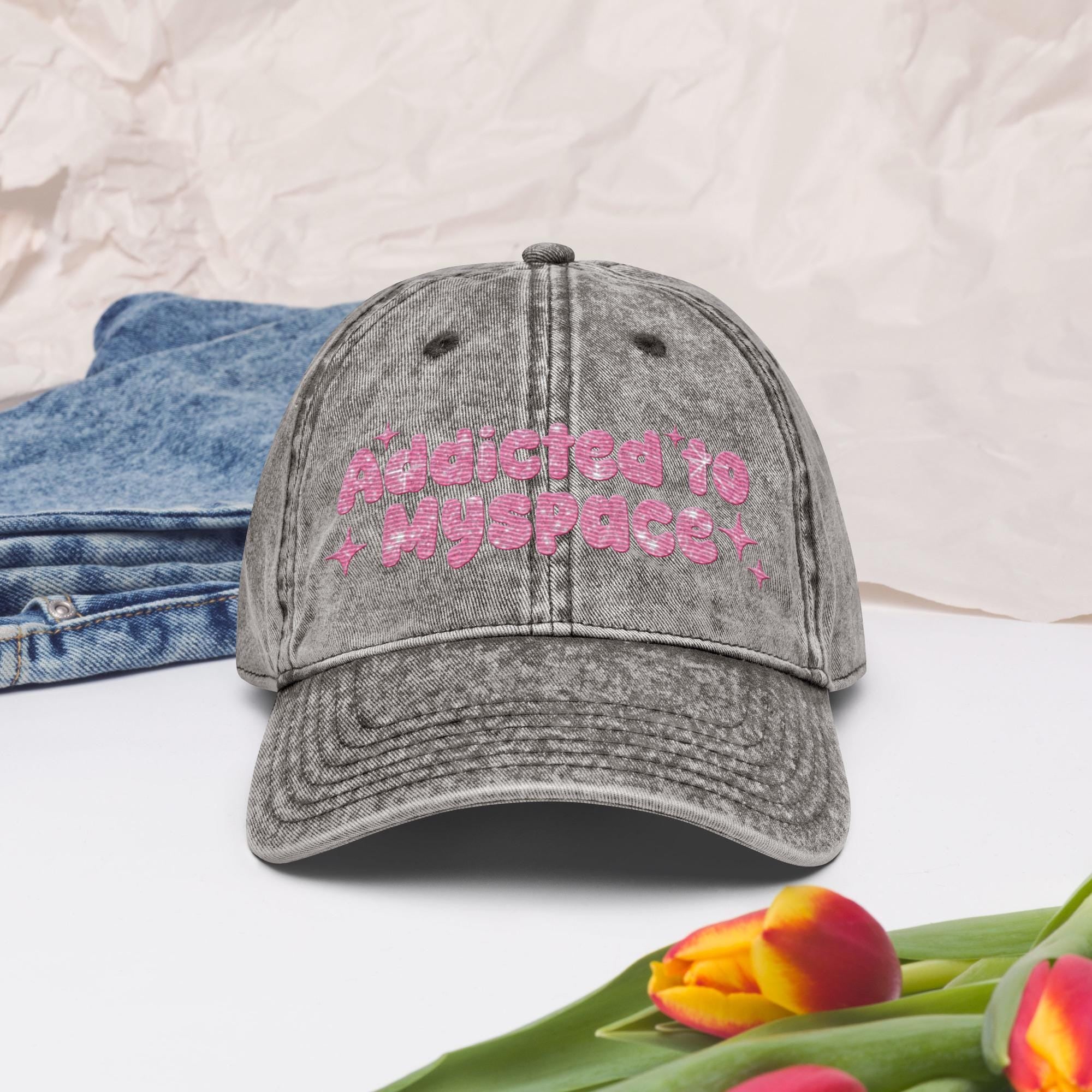 Addicted to Myspace Y2K Embroidered Vintage Cotton Twill Hat – 2000s Internet Aesthetic, Retro Social Media Throwback Hat Design