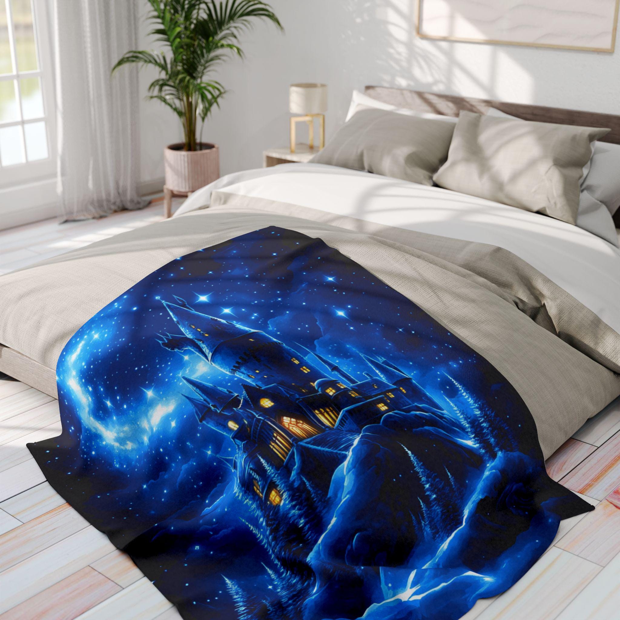 Enchanting Celestial Castle Fleece Throw: Starry Night Fantasy Decor for Cozy Bedroom Comfort