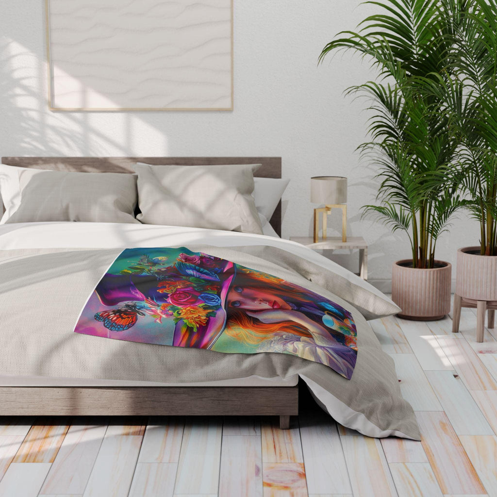 Vibrant Floral Fleece Throw: Whimsical Butterfly Art Blanket for Cozy Home Decor
