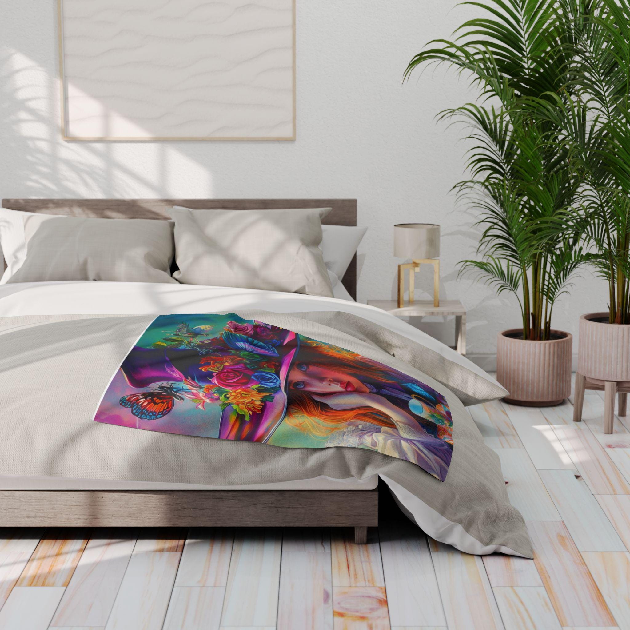 Vibrant Floral Fleece Throw: Whimsical Butterfly Art Blanket for Cozy Home Decor