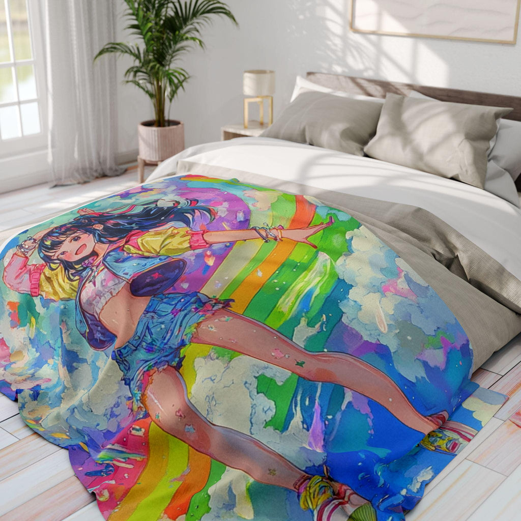 Rainbow Anime Girl Fleece Blanket: Colorful Comic Con Throw