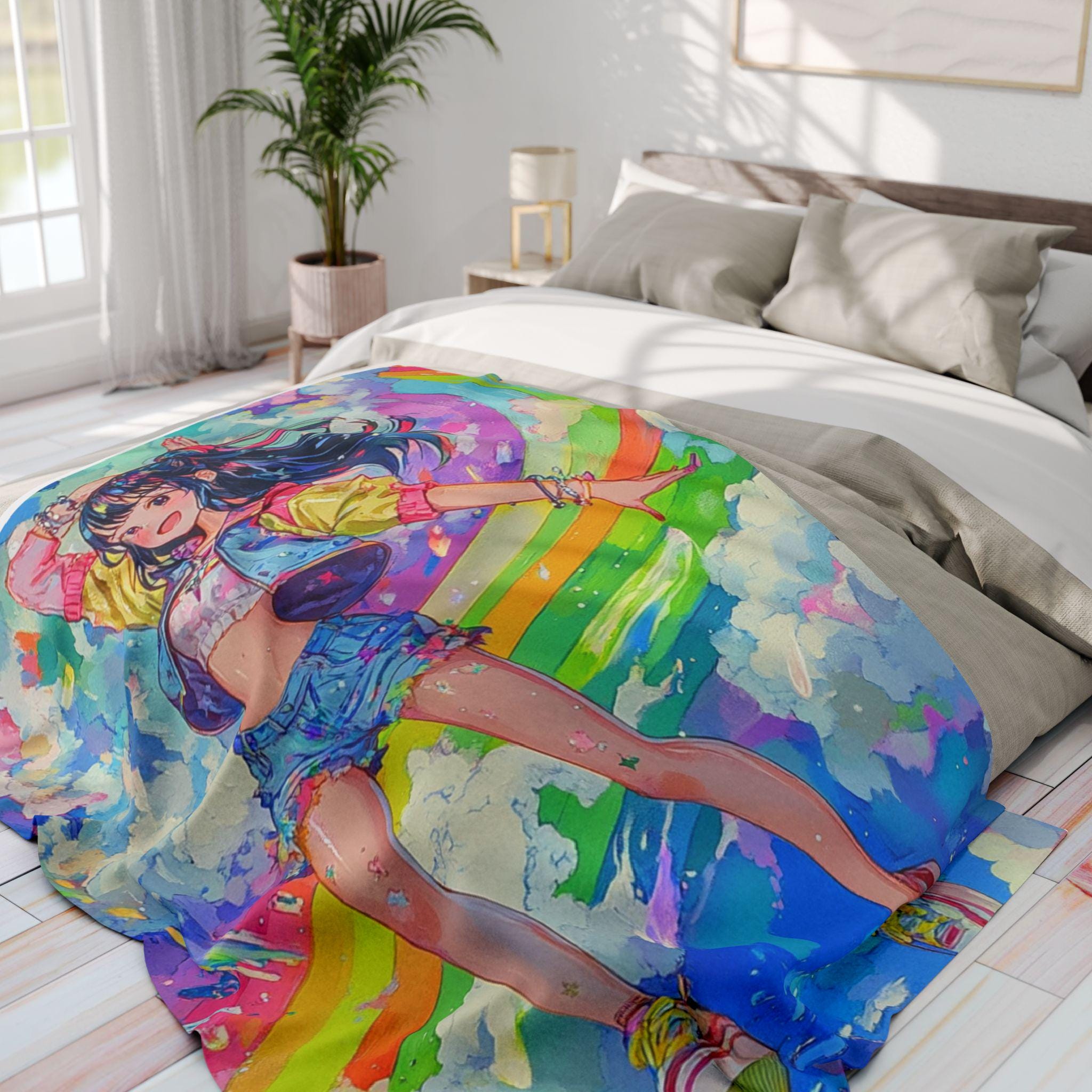 Rainbow Anime Girl Fleece Blanket: Colorful Comic Con Throw