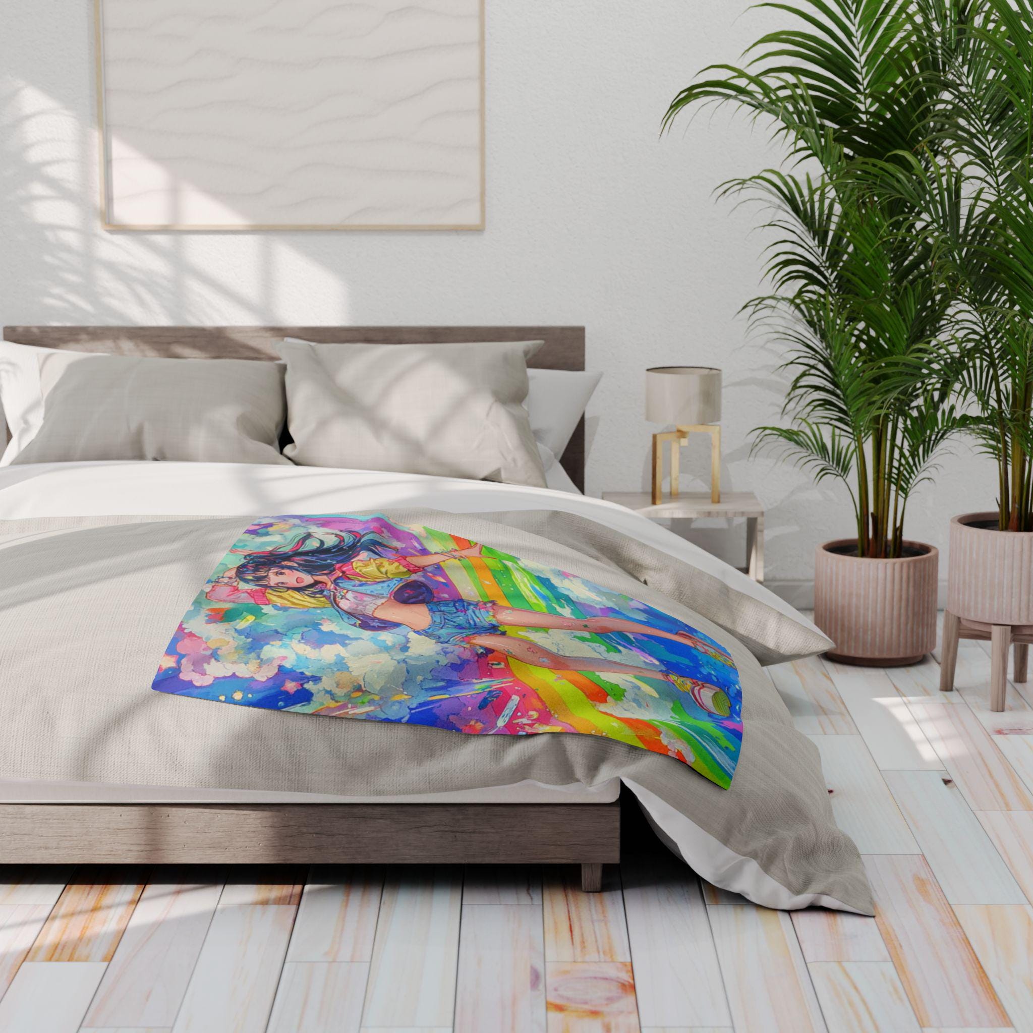 Rainbow Anime Girl Fleece Blanket: Colorful Comic Con Throw