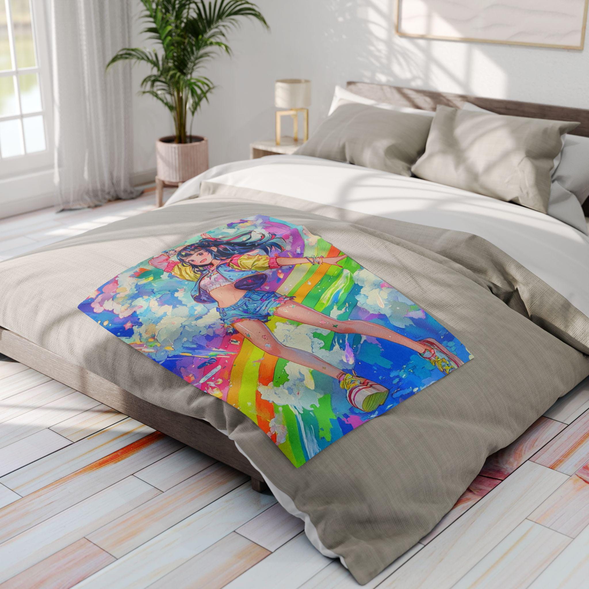 Rainbow Anime Girl Fleece Blanket: Colorful Comic Con Throw
