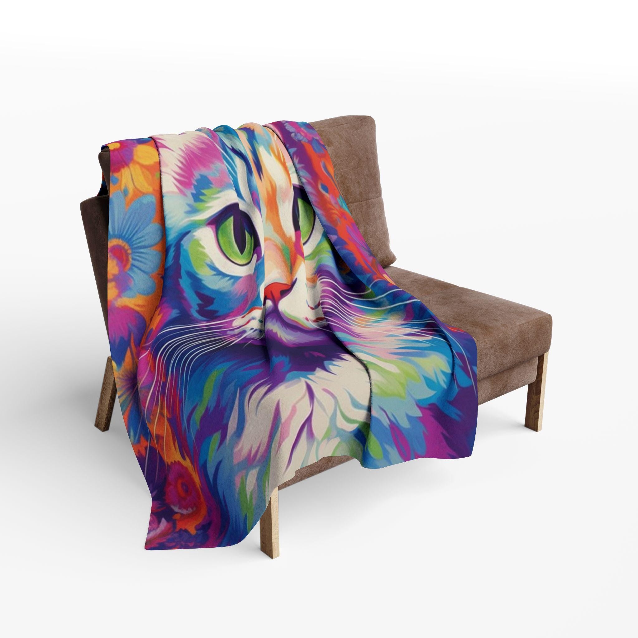 Vibrant Cat Art Fleece Blanket: Colorful Home Decor Throw