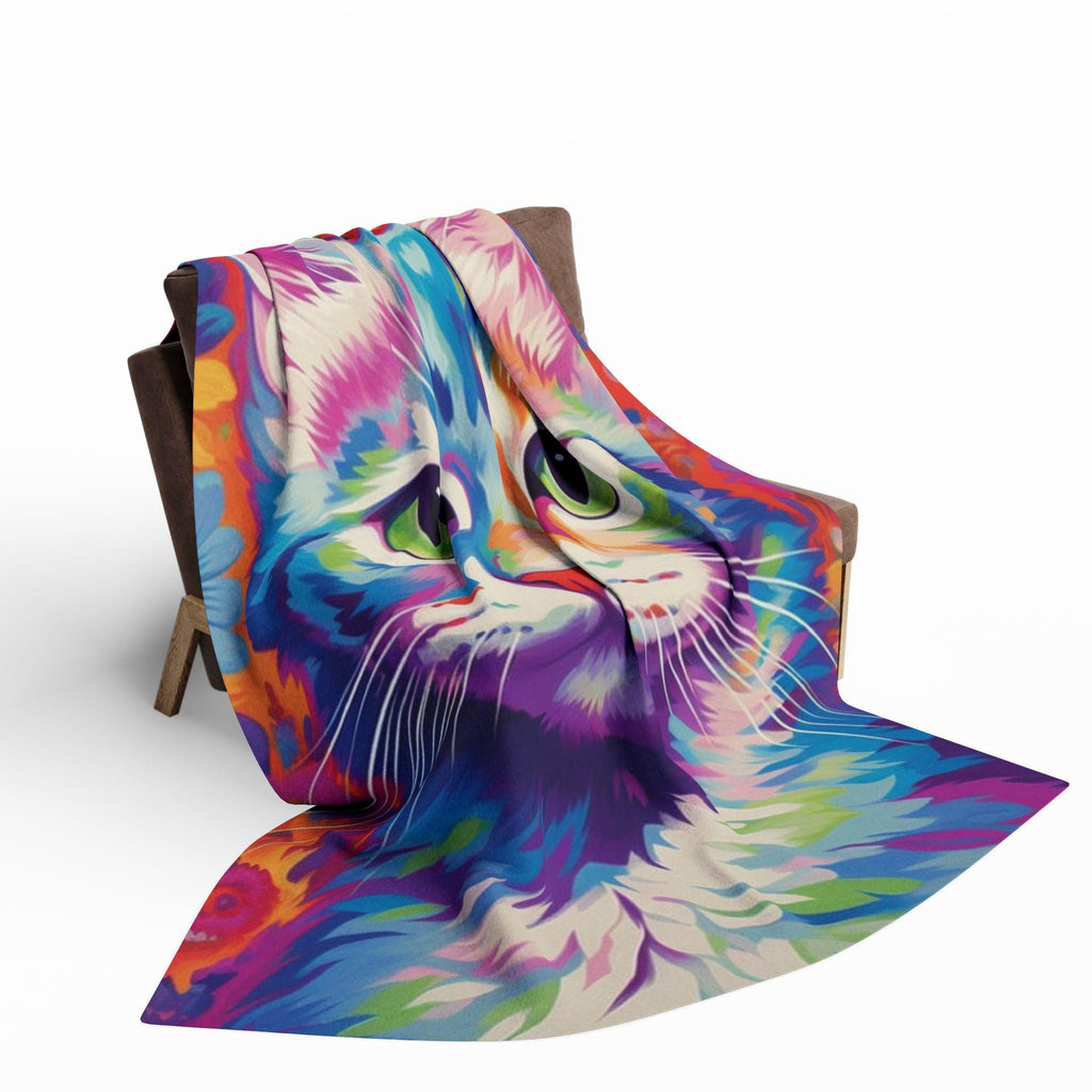 Vibrant Cat Art Fleece Blanket: Colorful Home Decor Throw