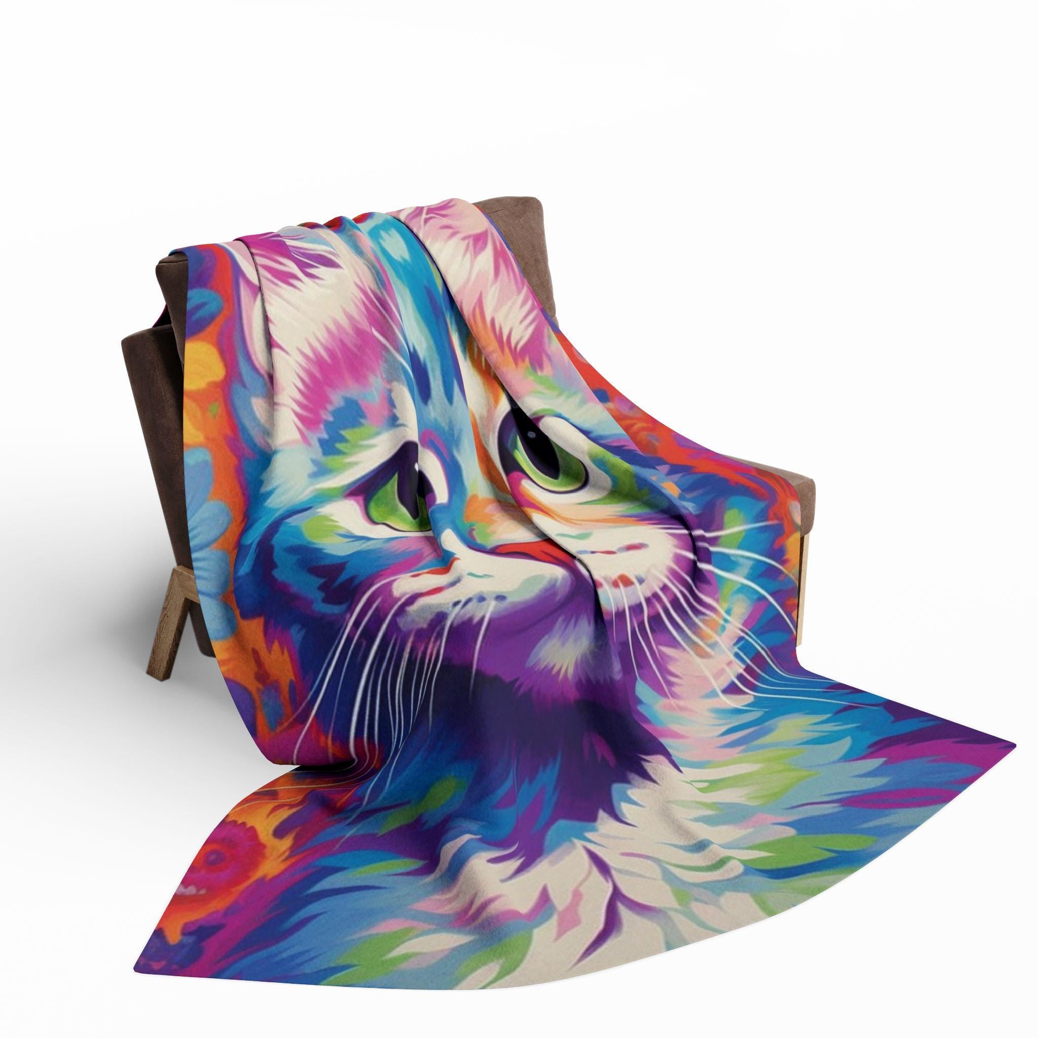 Vibrant Cat Art Fleece Blanket: Colorful Home Decor Throw