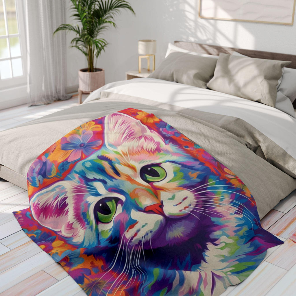 Vibrant Cat Art Fleece Blanket: Colorful Home Decor Throw