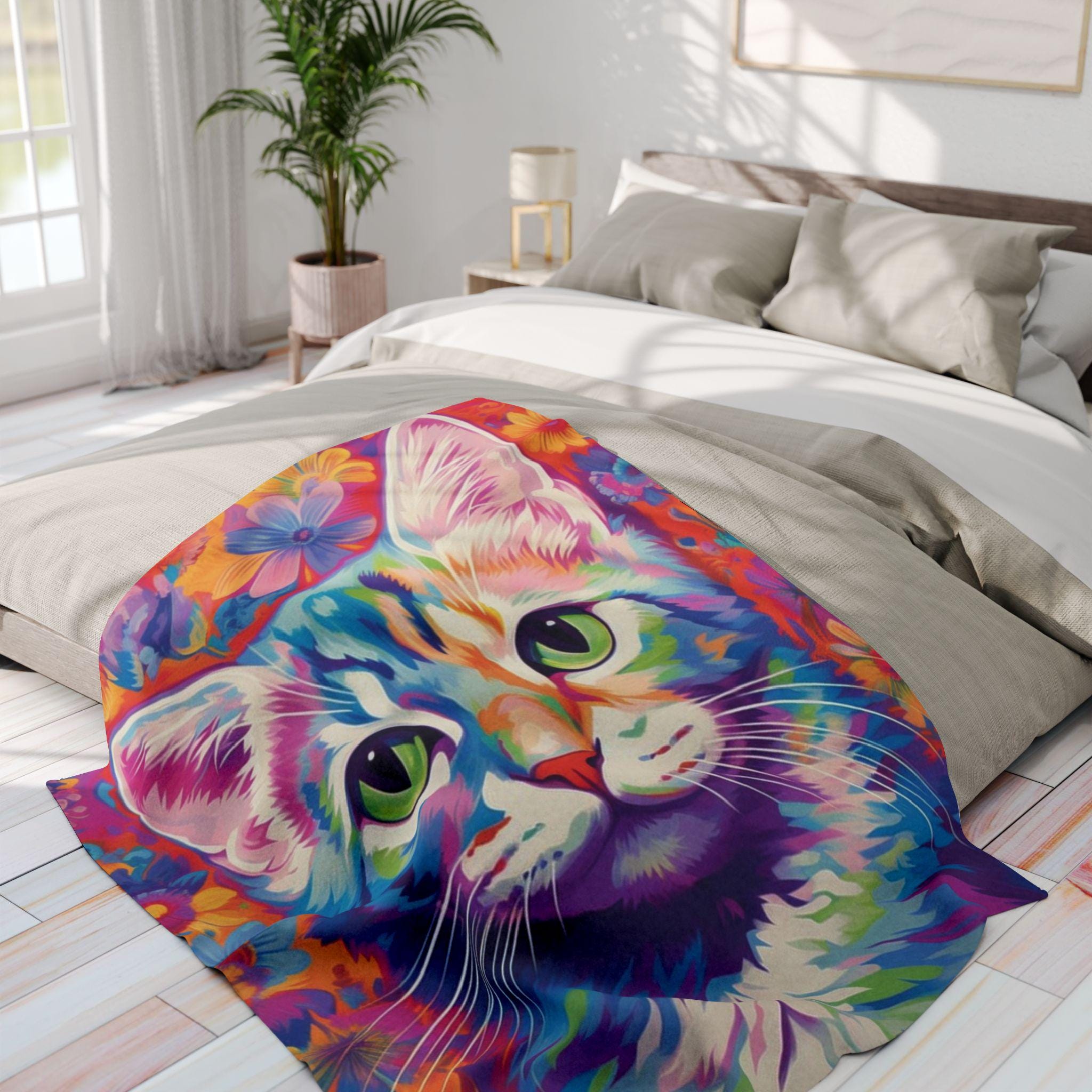 Vibrant Cat Art Fleece Blanket: Colorful Home Decor Throw