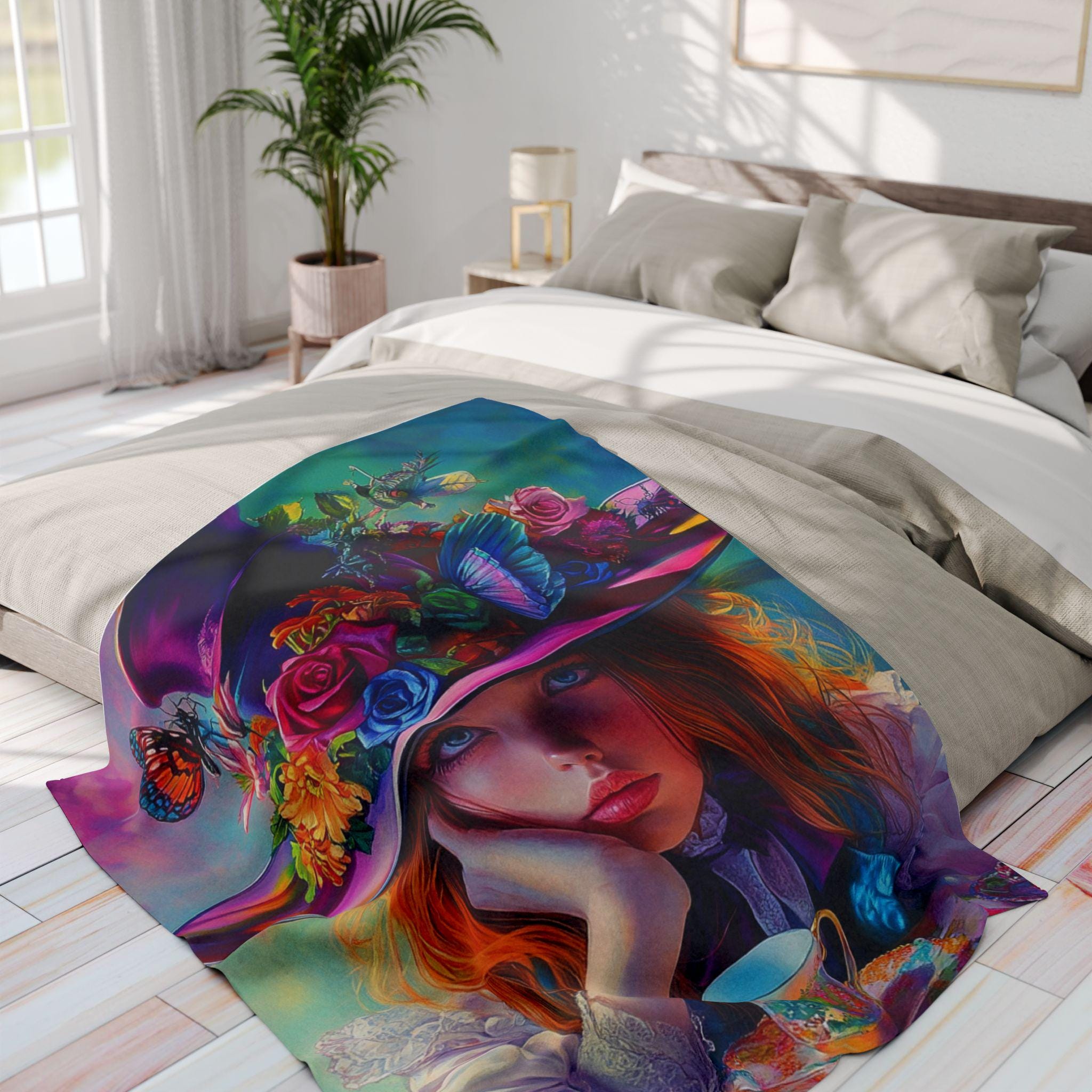 Vibrant Floral Fleece Throw: Whimsical Butterfly Art Blanket for Cozy Home Decor