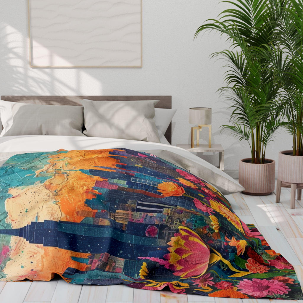 Vibrant Cityscape Fleece Blanket: Floral Home Decor Throw