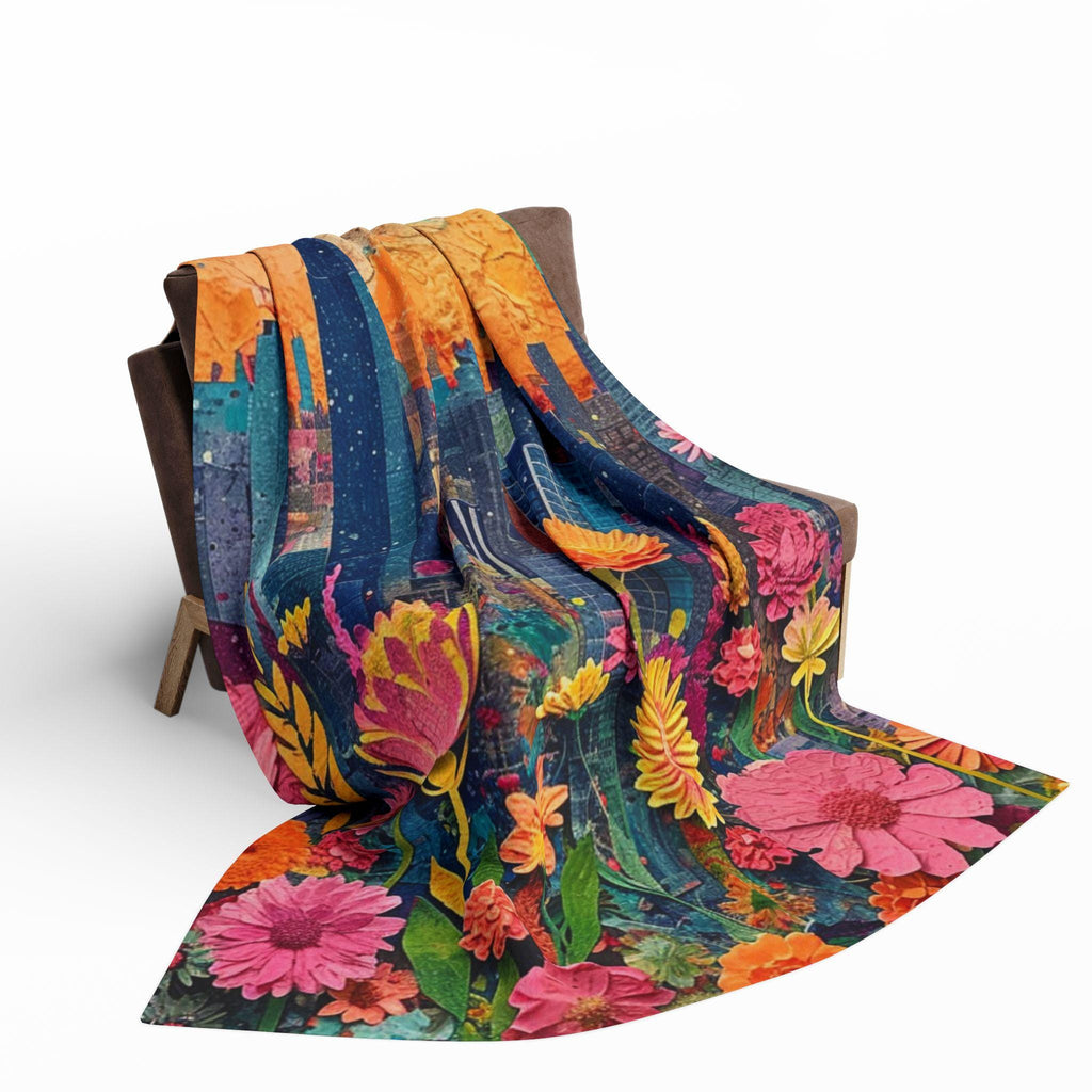 Vibrant Cityscape Fleece Blanket: Floral Home Decor Throw