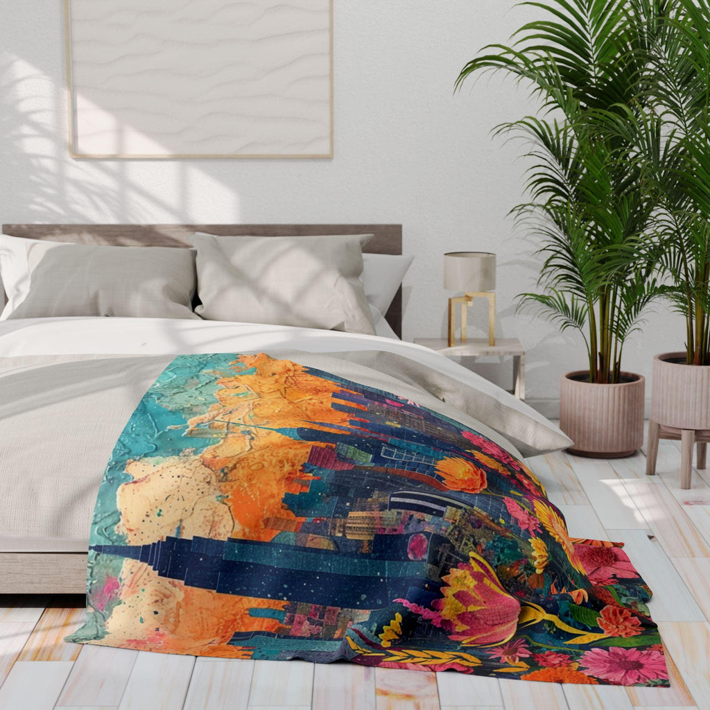 Vibrant Cityscape Fleece Blanket: Floral Home Decor Throw