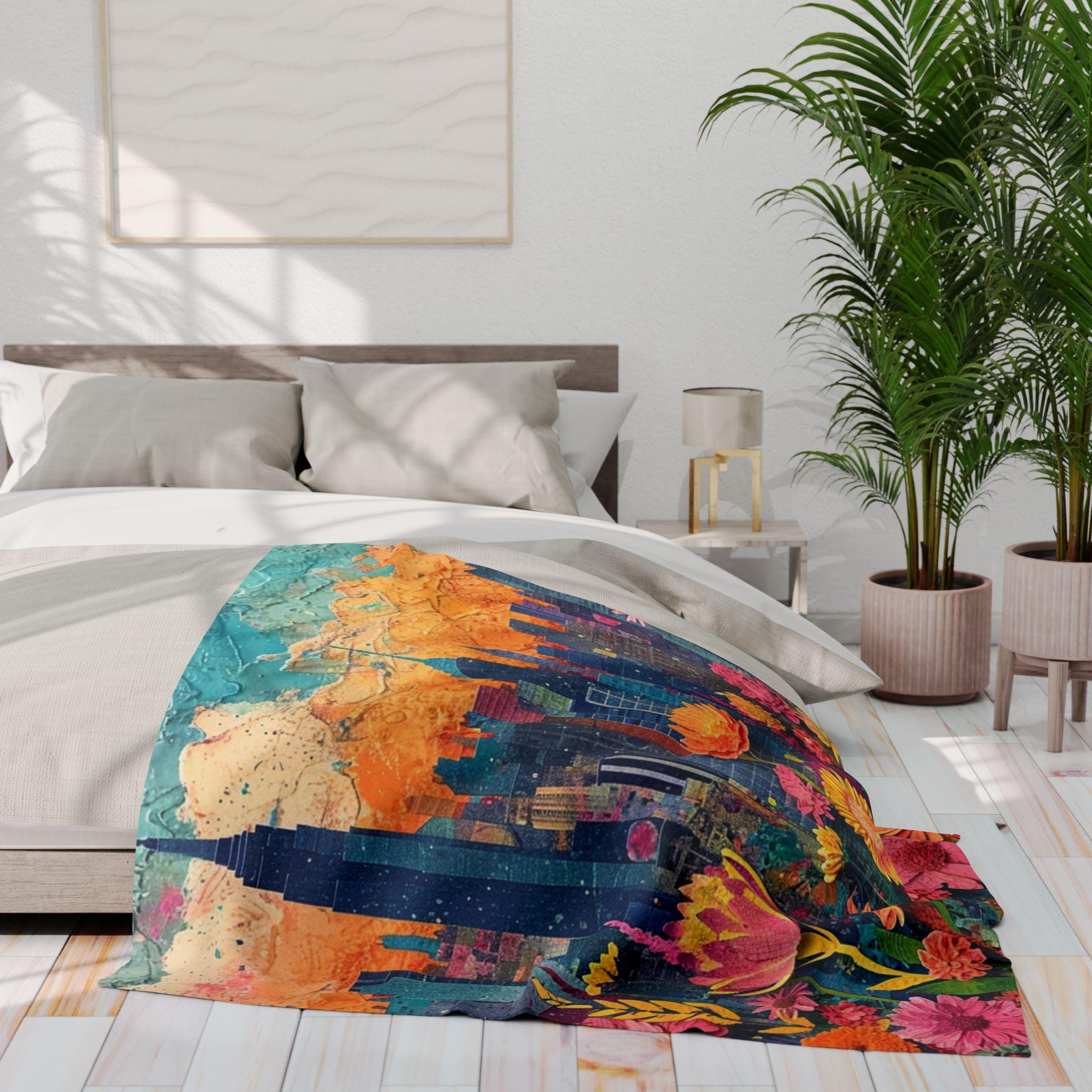 Vibrant Cityscape Fleece Blanket: Floral Home Decor Throw