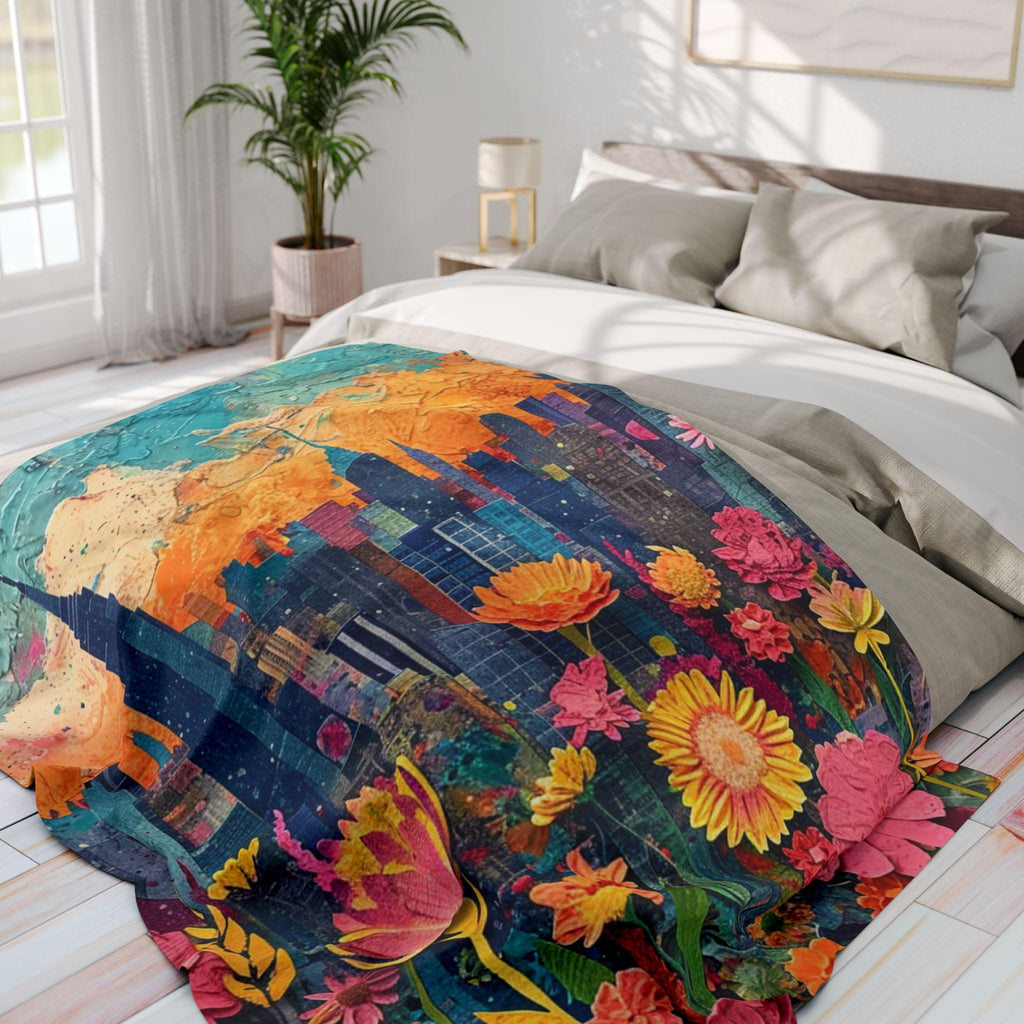 Vibrant Cityscape Fleece Blanket: Floral Home Decor Throw