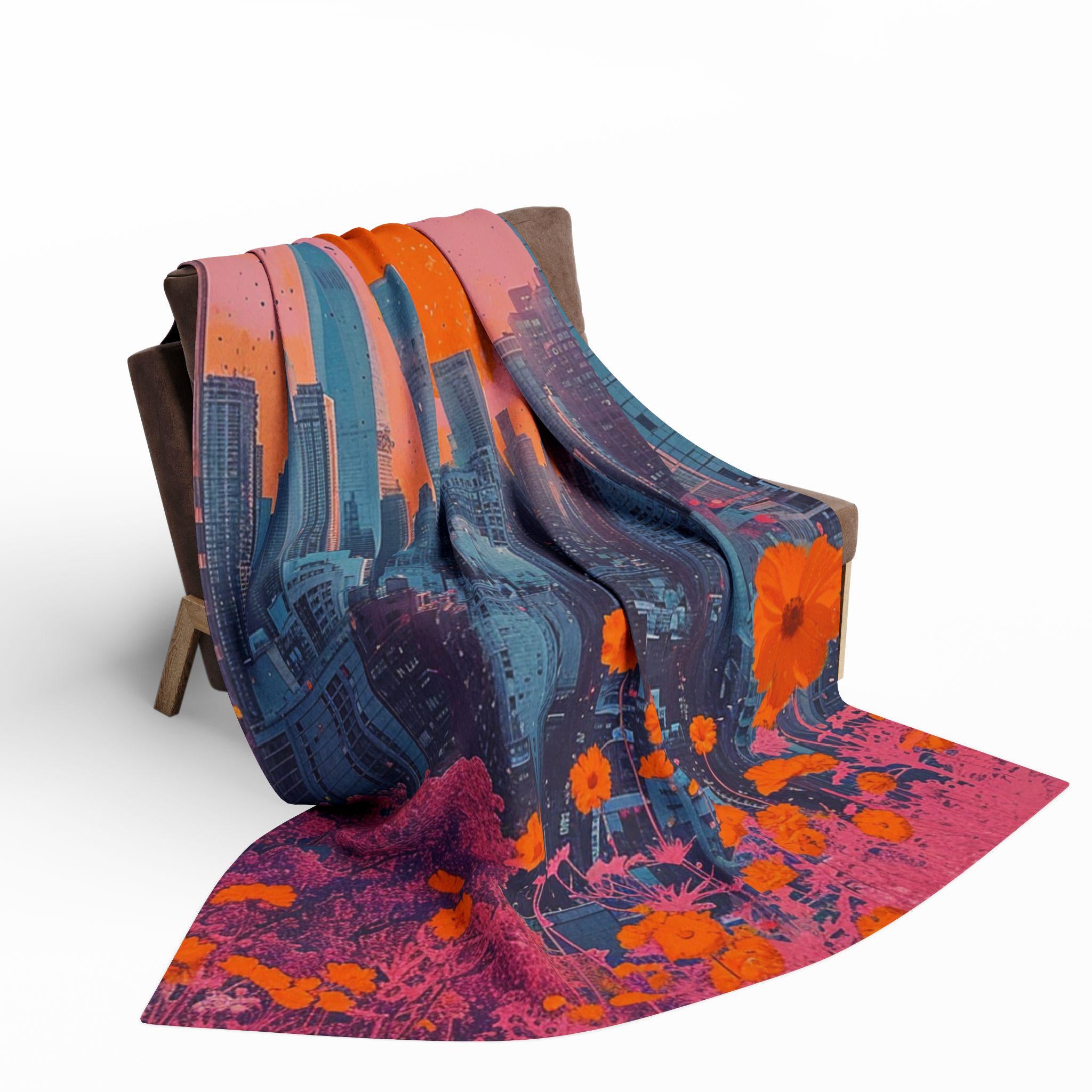 Parody Vibrant Cityscape Fleece Throw: Cozy Urban Decor, Artistic Gift, Colorful Modern Home Accent