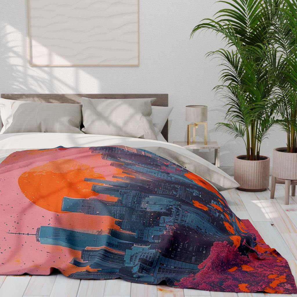Parody Vibrant Cityscape Fleece Throw: Cozy Urban Decor, Artistic Gift, Colorful Modern Home Accent