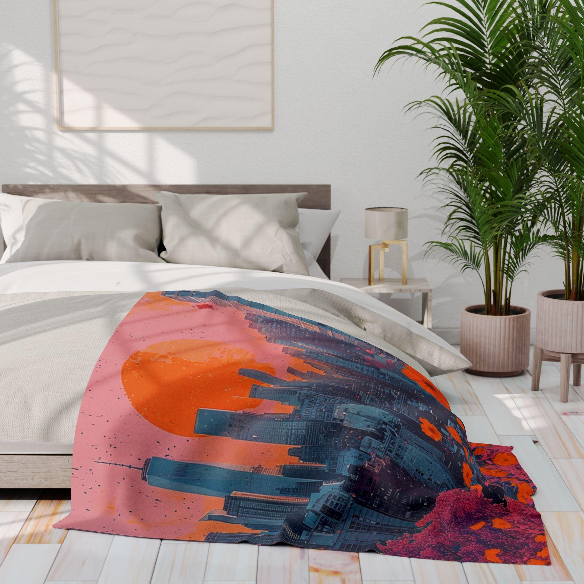 Parody Vibrant Cityscape Fleece Throw: Cozy Urban Decor, Artistic Gift, Colorful Modern Home Accent