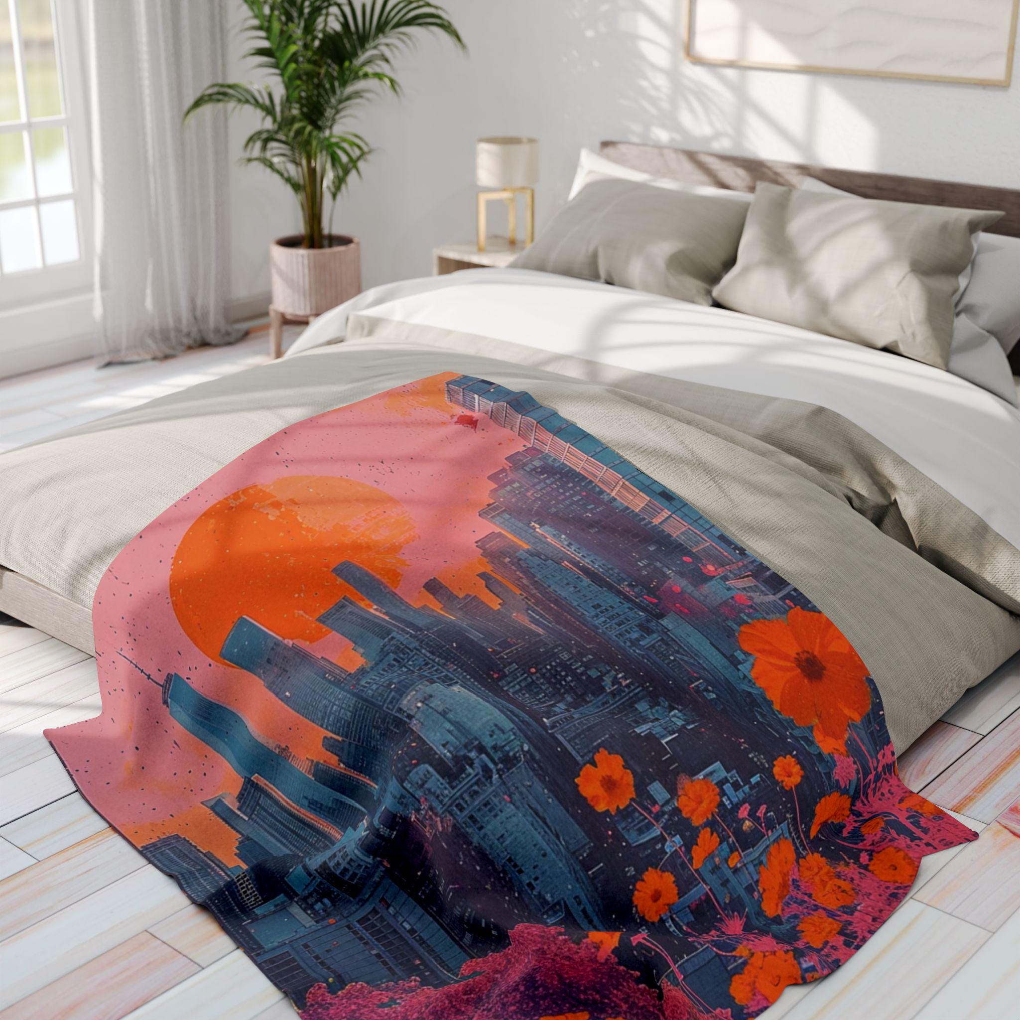 Parody Vibrant Cityscape Fleece Throw: Cozy Urban Decor, Artistic Gift, Colorful Modern Home Accent