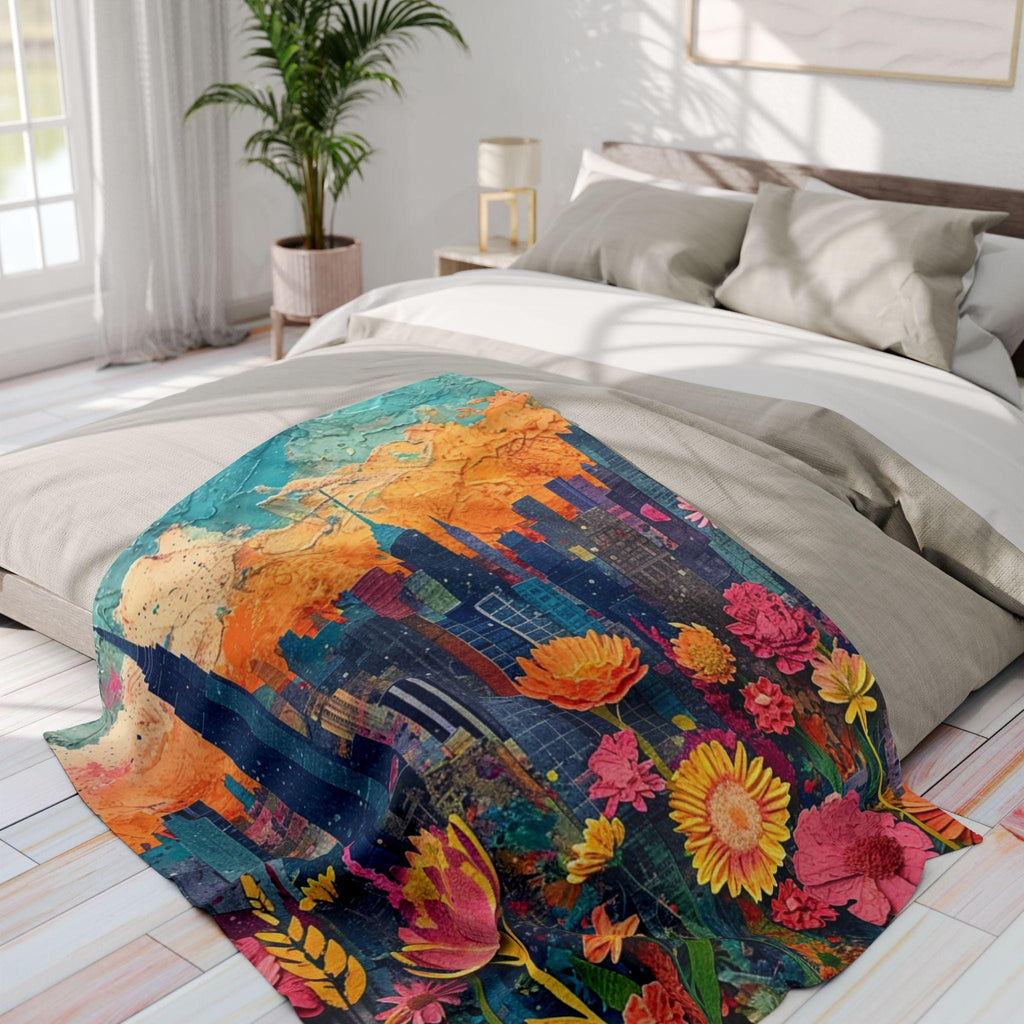 Vibrant Cityscape Fleece Blanket: Floral Home Decor Throw