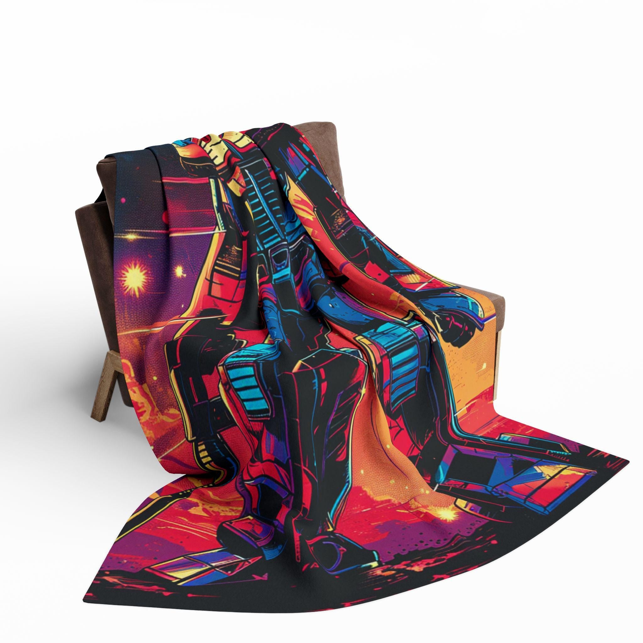 Robot Arctic Fleece Blanket: Vibrant 80s Throw, Gamer Gift