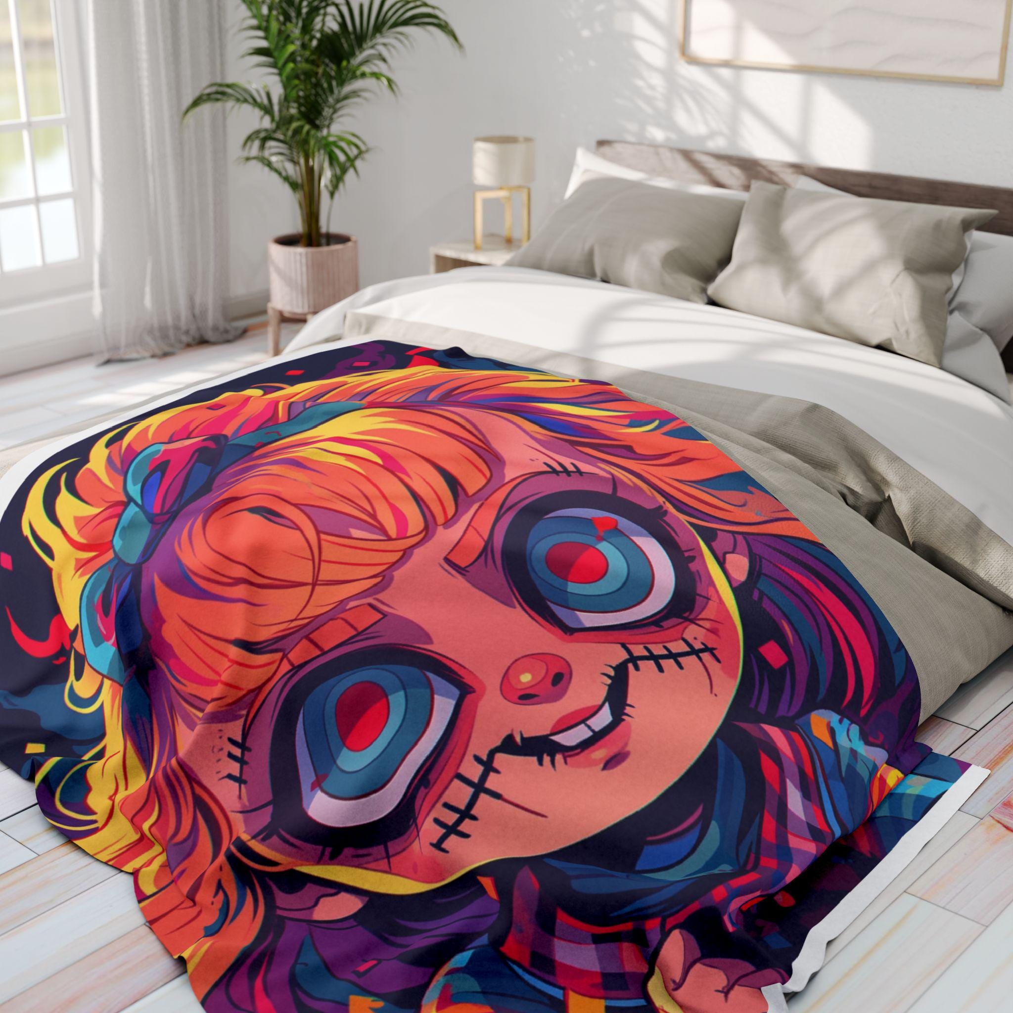 Parody Quirky Halloween Doll Fleece Throw: Cozy, Colorful Blanket for Kids' Room Decor & Snuggling