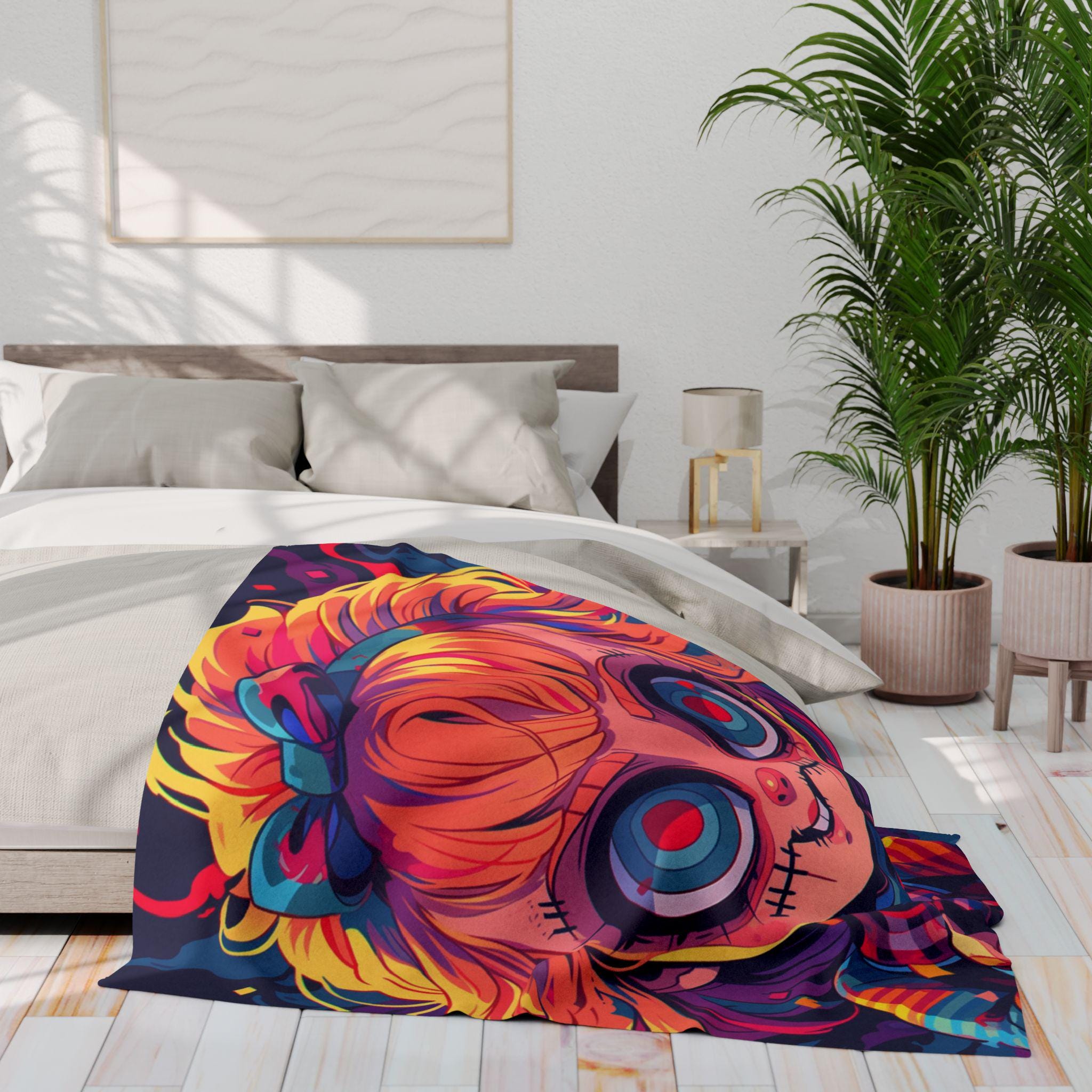 Parody Quirky Halloween Doll Fleece Throw: Cozy, Colorful Blanket for Kids' Room Decor & Snuggling