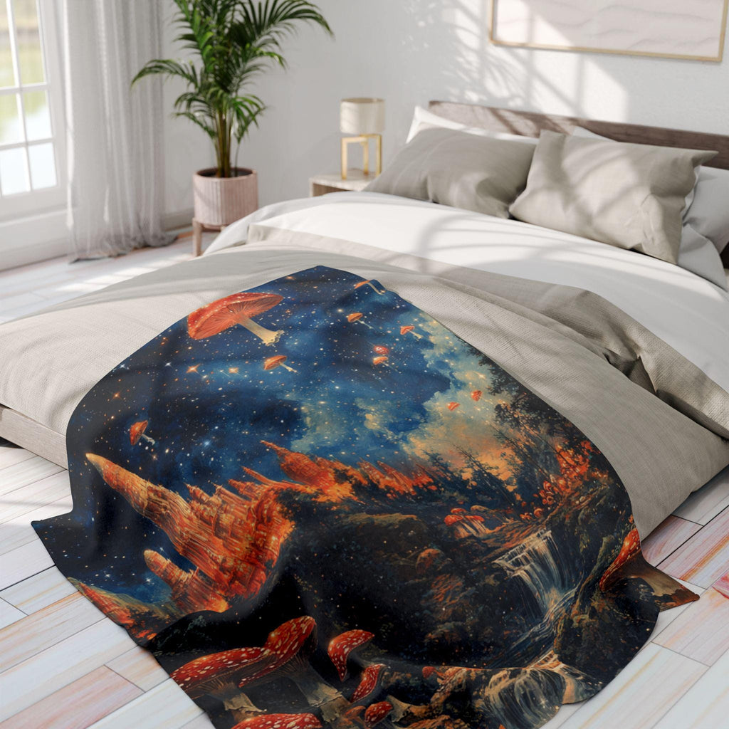 Parody Enchanted Mushroom Landscape Fleece Throw: Cozy Boho Decor for Nature Lovers & Stargazers