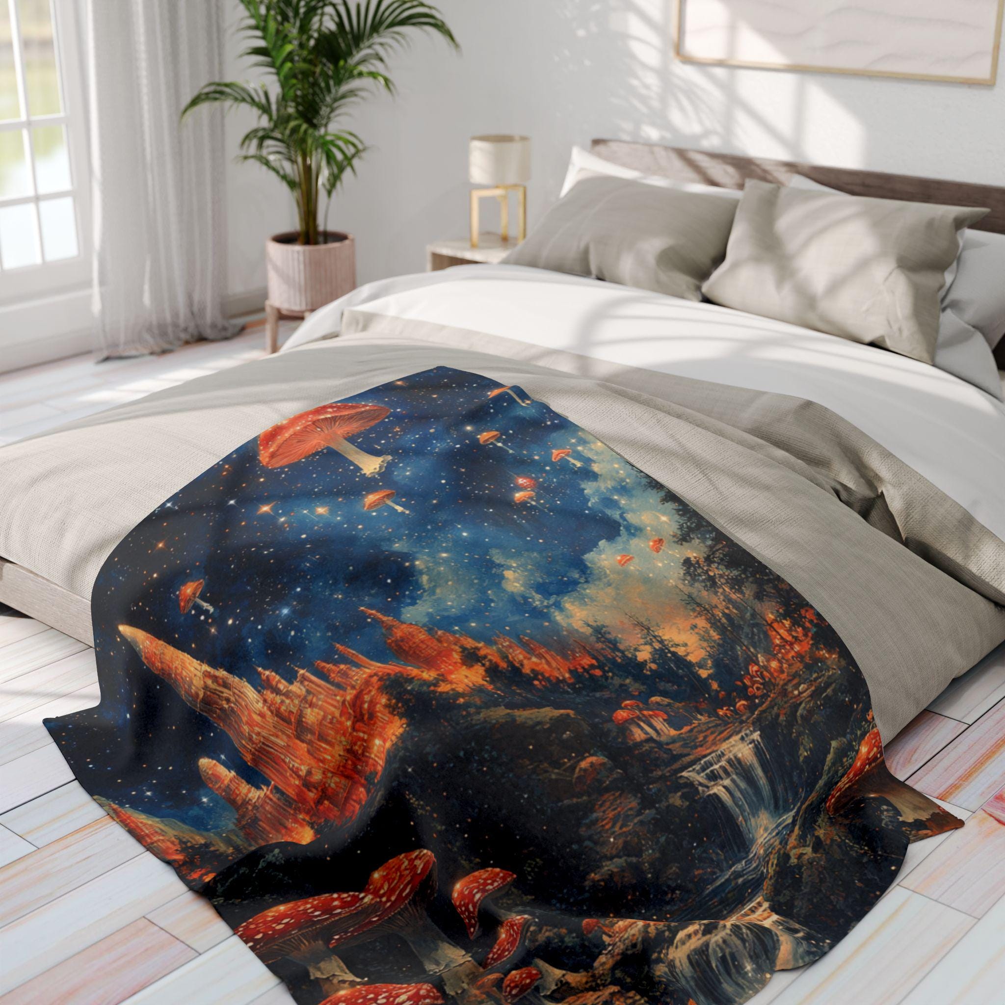 Parody Enchanted Mushroom Landscape Fleece Throw: Cozy Boho Decor for Nature Lovers & Stargazers