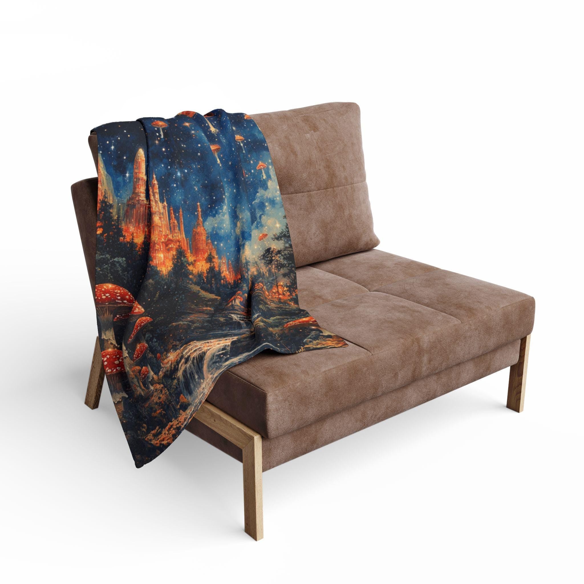 Parody Enchanted Mushroom Landscape Fleece Throw: Cozy Boho Decor for Nature Lovers & Stargazers