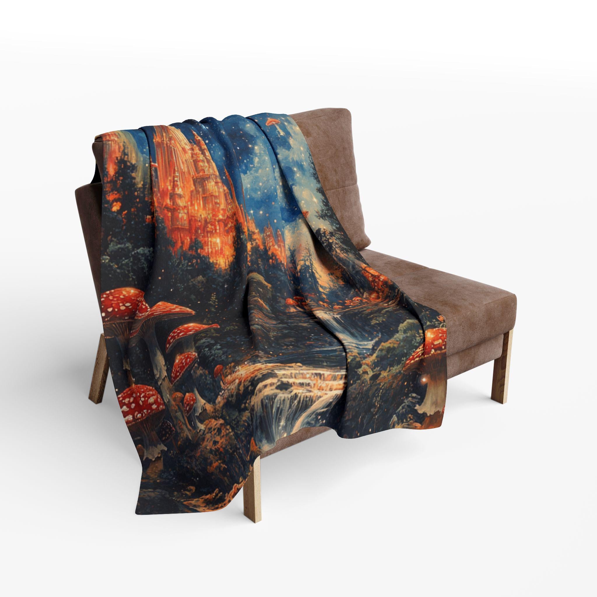 Parody Enchanted Mushroom Landscape Fleece Throw: Cozy Boho Decor for Nature Lovers & Stargazers