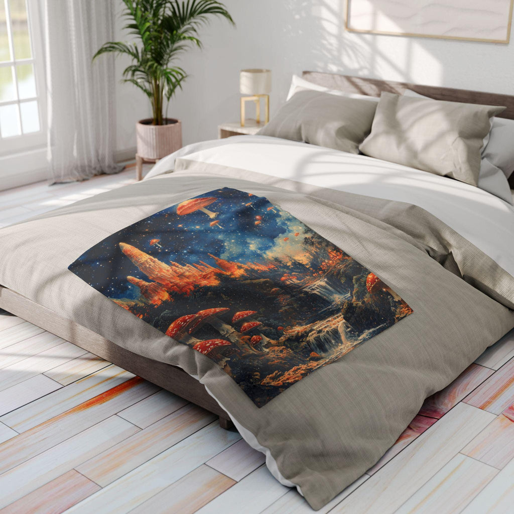 Parody Enchanted Mushroom Landscape Fleece Throw: Cozy Boho Decor for Nature Lovers & Stargazers